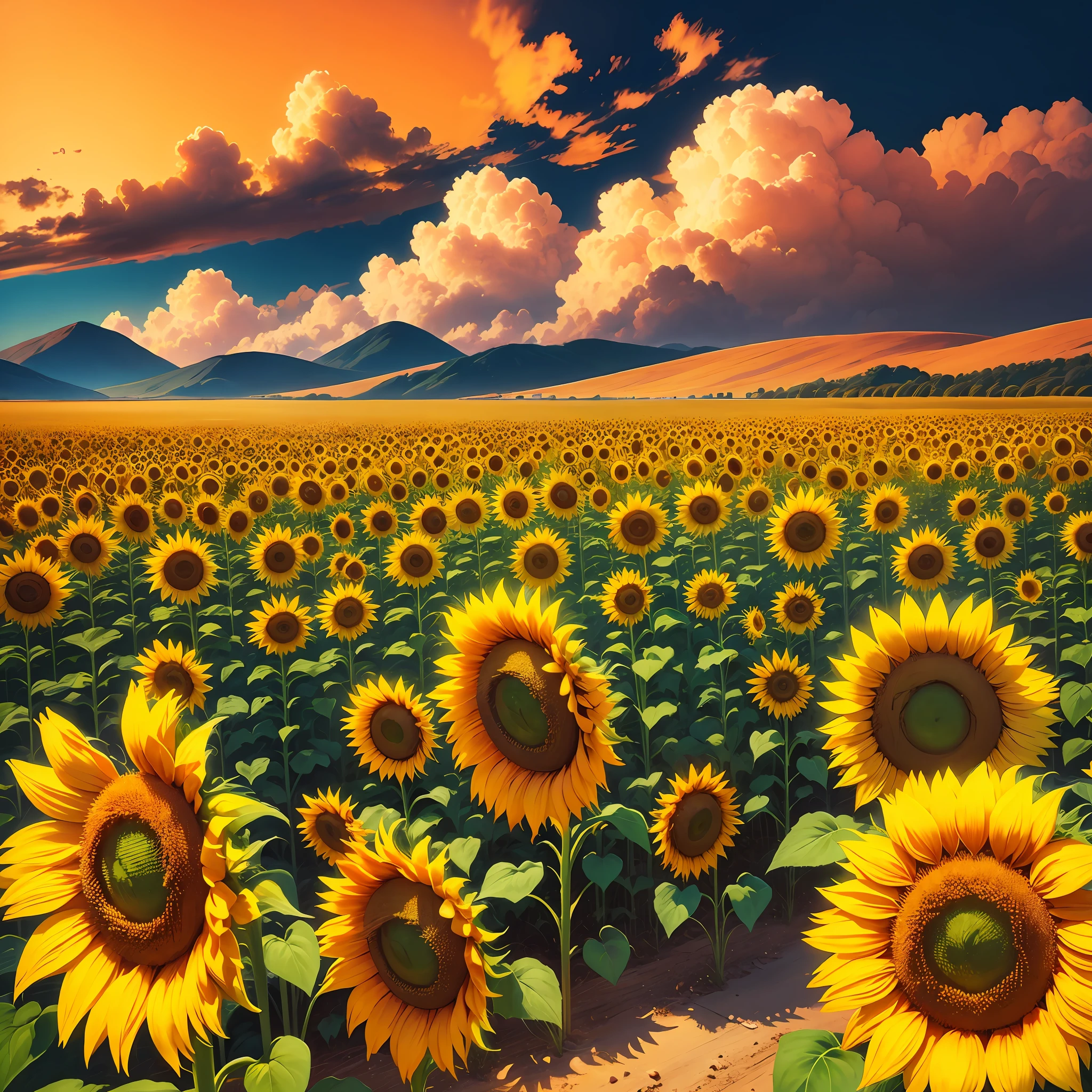 "Explore an abstract and vibrant sunflower field in a paintbrush style with dynamic brush strokes - auto -s2."