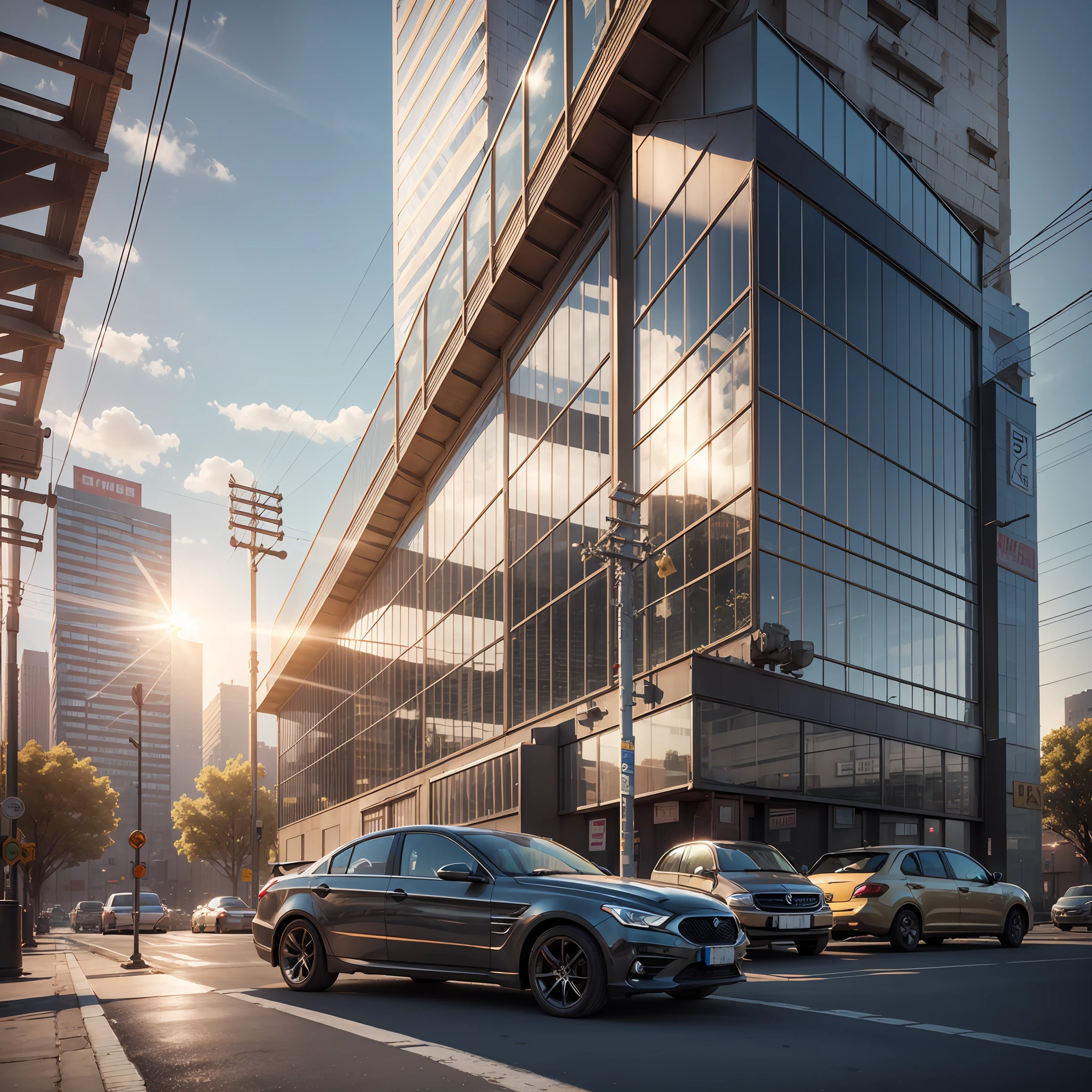 sunny day,city, metal steel building,pole, (car), (hdr:1.25), (intricate details:1.14), (hyperrealistic 3d render:1.16), (filmic:0.55) --auto --s2
