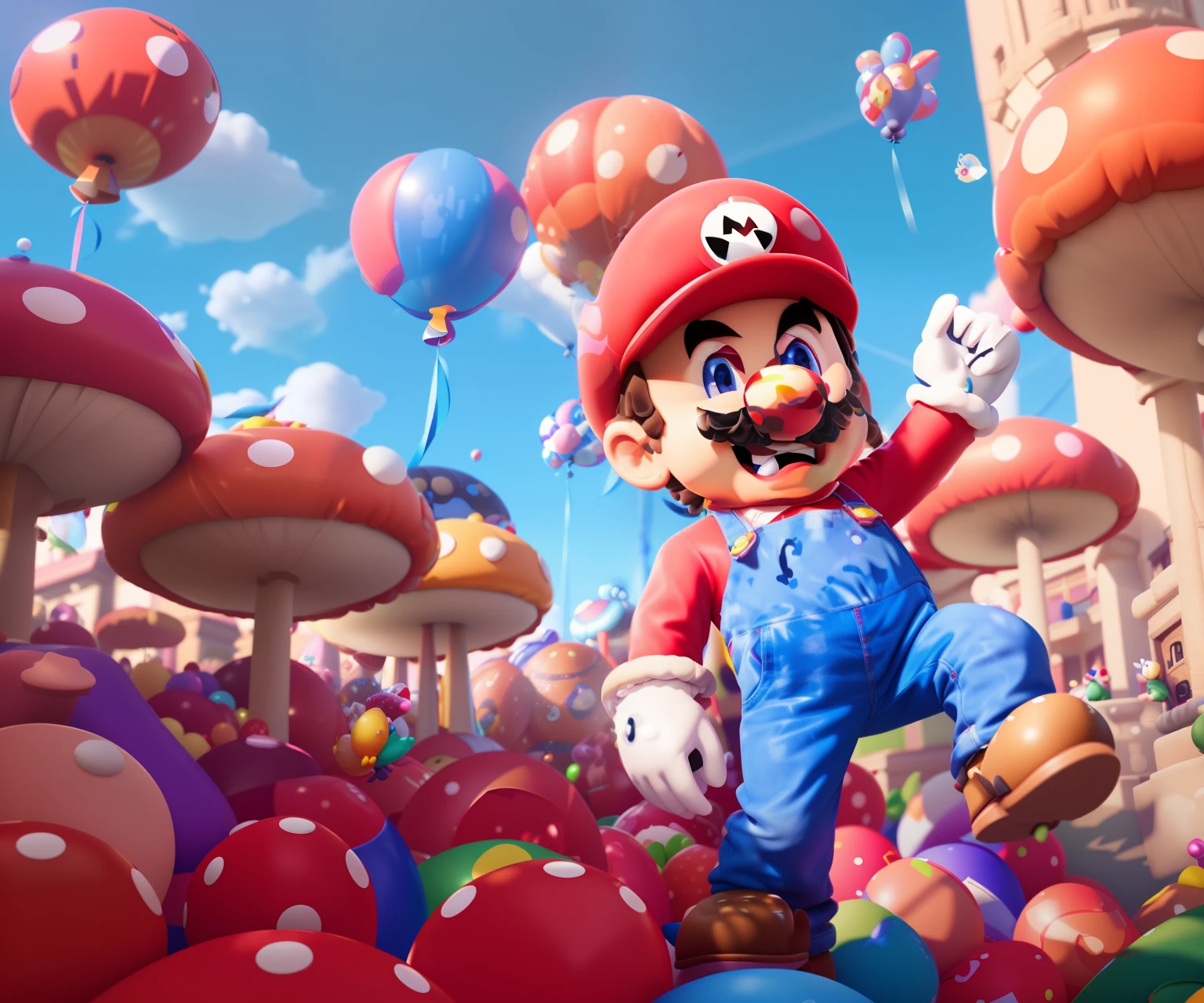 's birthday background, 3D Mario characters, full of balloons, Happy Birthday written, cartoon rendering, high-detail iconic characters, high quality rendering, cute 3D rendering, super detail rendering, 3D rendering stylization, Unreal Engine 5, 3D cartoon
