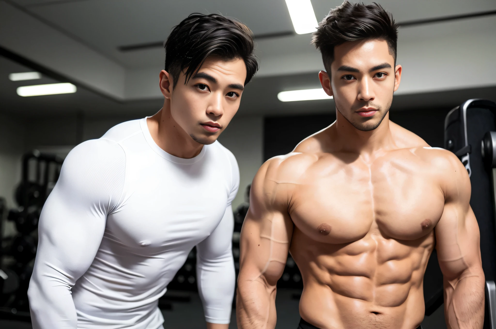 2 handsome guys, 25 years old, Asian, master works, best picture quality, higher quality, high detail, super high resolution, 8k resolution, delicate facial features, boys, big muscles, tattoos, glowing eyes, short hair, hair details, upper body , [[look away, look to the side, emphasize homosexuality and pay attention to every detail , gym, white rubber pants, ((((crotch bulge))))) fitness equipment background