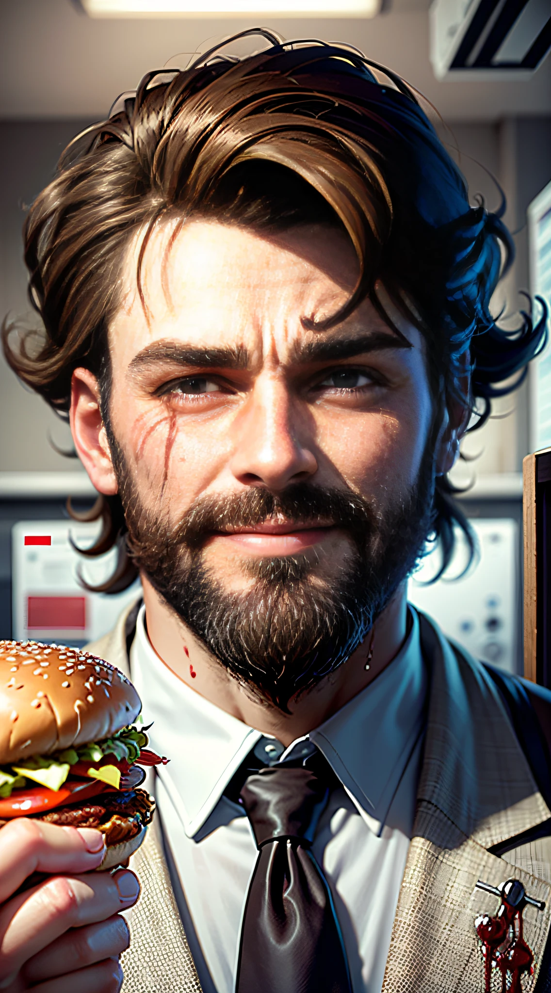 (8k, ultra-fine, original photo: 1.2), (realism: 1), (realistic: 1), (1 male holding hamburger: 1.2), (standing), (portrait: 1.2), (40 years old: 1.2), (evil smile: 1.4), (attractive, ridiculous: 1), (indoor, laboratory, black smoke, blood, hamburger, 1.2), hamburger in hand (beard: 1), (brown hair), (clothes blood, laboratory blood, clothes tears, Clothes torn: 1.2), frontal portrait,