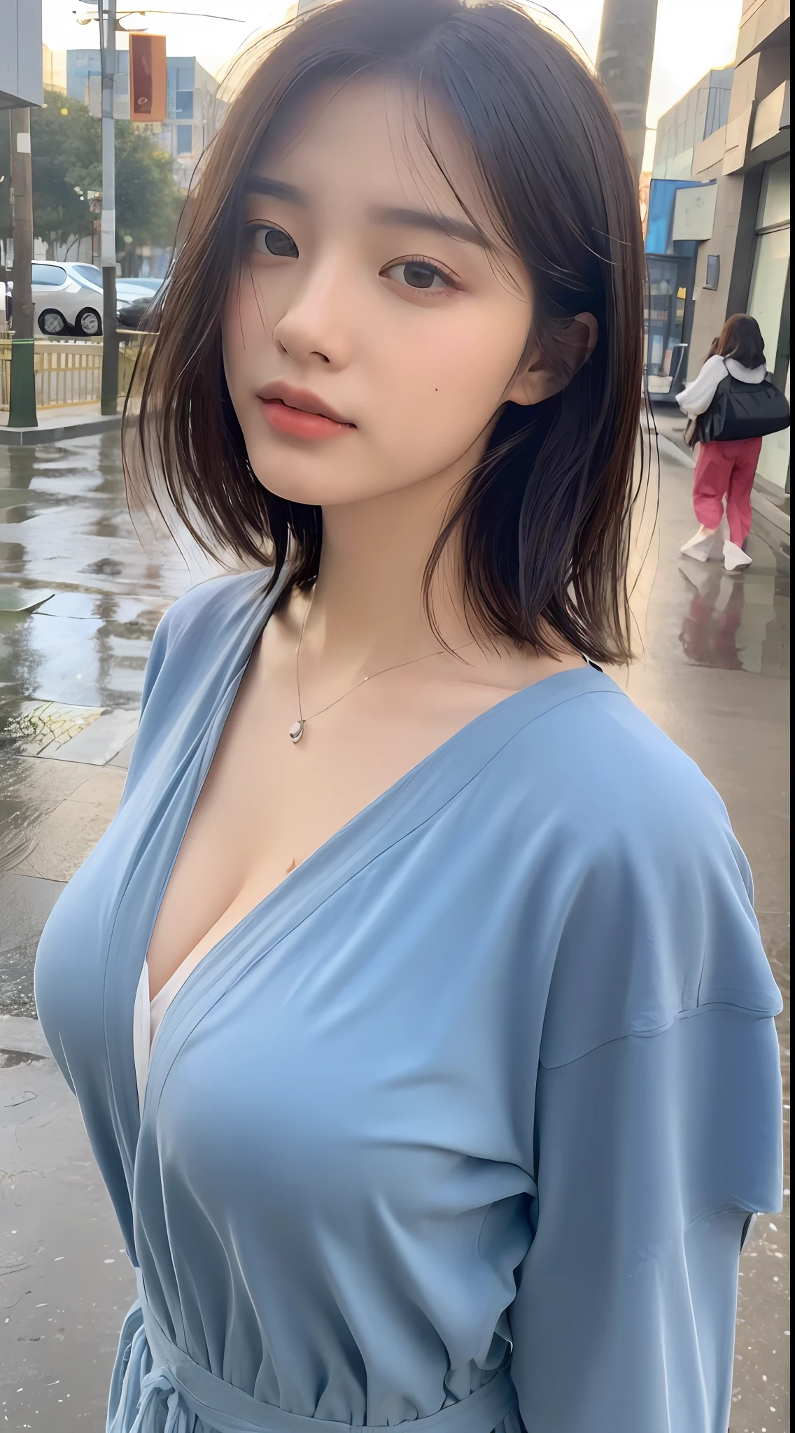 ((Best Quality, 8K, Masterpiece:1.3)), Focus: 1.2, Perfect Body Beauty: 1.4, Buttocks: 1.2, ((Layered Haircut, Breasts: 1.2)), (Wet Clothes: 1.1) , (Rain, Street:1.3), Bandeau Dress: 1.1, Highly Detailed Face and Skin Texture, Delicate Eyes, Double Eyelids, Whitened Skin, Long Hair