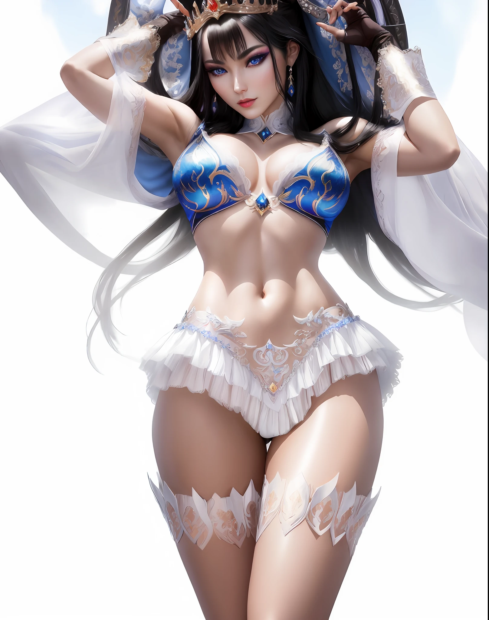 The Dragon Empress (1 woman, long black hair, blue eyes, white skin, medium breasts, makeup, lots of shine, dark eyelashes, dark shadow, perfect nose), Korea, masterpiece, best quality, 8k, sharp focus, chromatic aberration, best shadows, perfect lights, HDR, realistic skin texture, hyper detailed background, photorealistic, RAW photo, bright body, insanely detailed, sexy lewd, ecchi: 1.5, royal tiara, long fingerless gloves, arms up, armpit, royal dungeon, Lingerie Set Lace Belt White