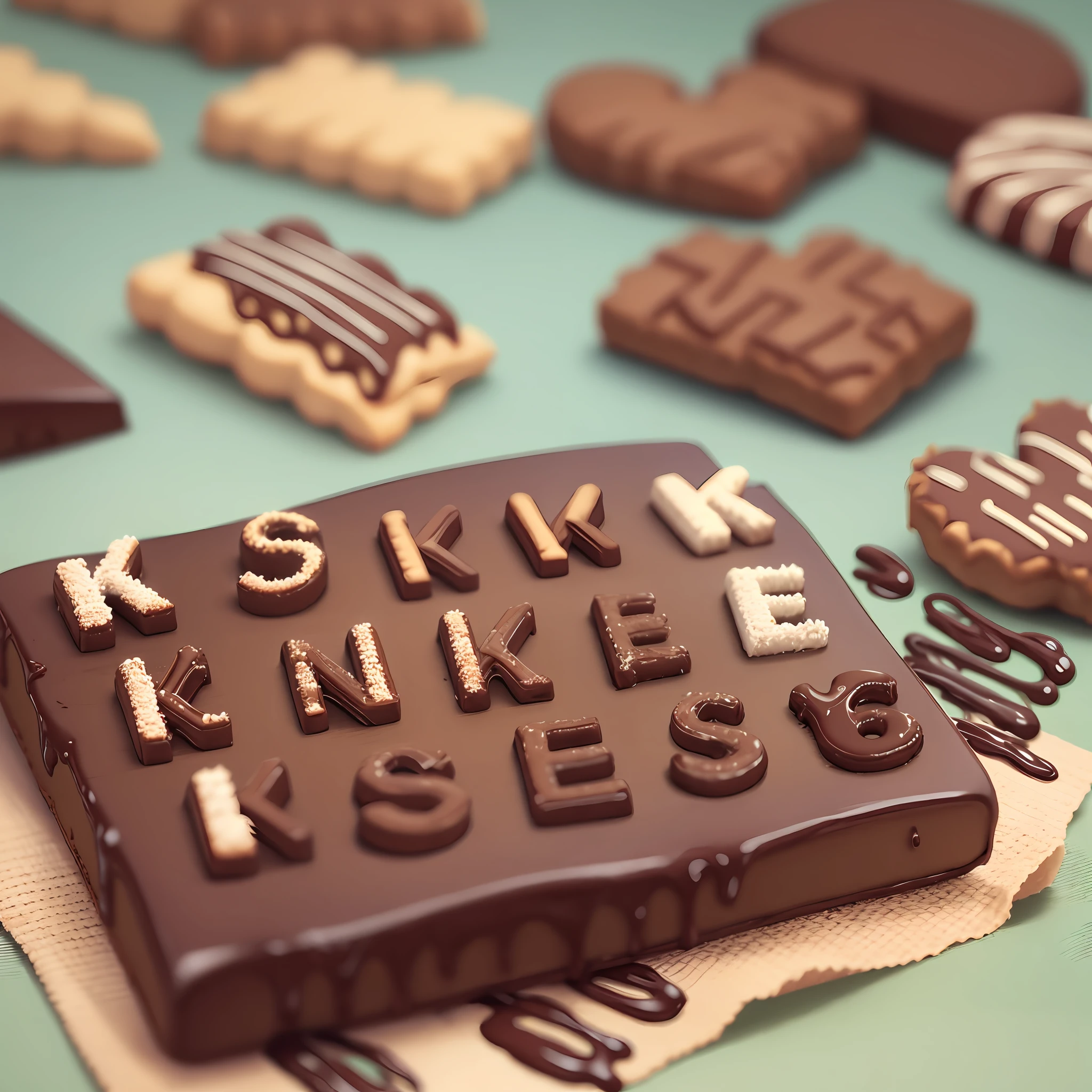 Biscuits in letters K E K S E, chocolate, in the background a classroom --auto --s2