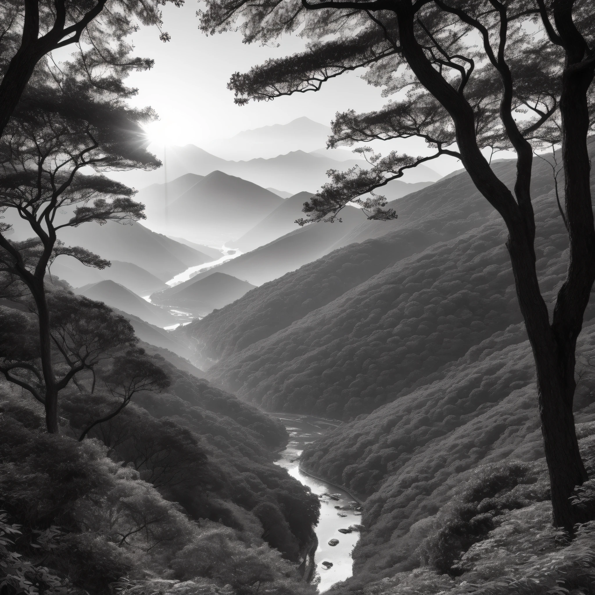 ((best quality)), ((stunning landscape photography)), ((majestic)), a breathtaking natural scene of Hong Kong's mountain trail and forest, captured in stunning black and white photography by Ansel Adams. The scene features a group of hikers trekking through the beautiful natural environment, surrounded by towering trees and majestic peaks. The lighting is natural and bright, perfectly showcasing the beauty and detail of the landscape. On eye level, scenic, masterpiece.