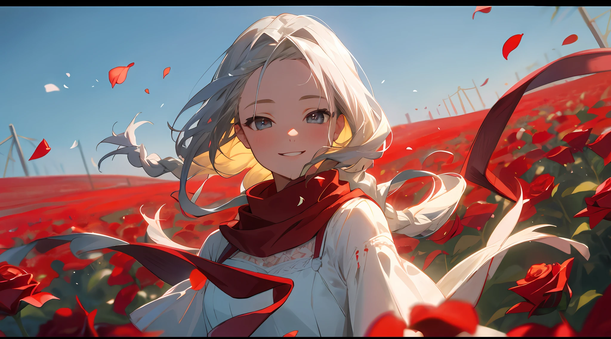 Vista, Panorama, Perspective, Depth of Field, Bust, Upper Body, Cinematic Angle, Masterpiece, Best Quality, Ultra Detailed, CG, 8K Wallpaper, Beautiful Face, Delicate Eyes, A Maiden, Solo, Smile, Silver Hair, Blonde Eyes, Fair Skin, Hair Strands, Side Braids, Braids, Forehead, Red Scarf, White Evening Dress, Rose Field, Red Flowers, Roses, Flower Fields, Petals, Flying Petals, Smiling