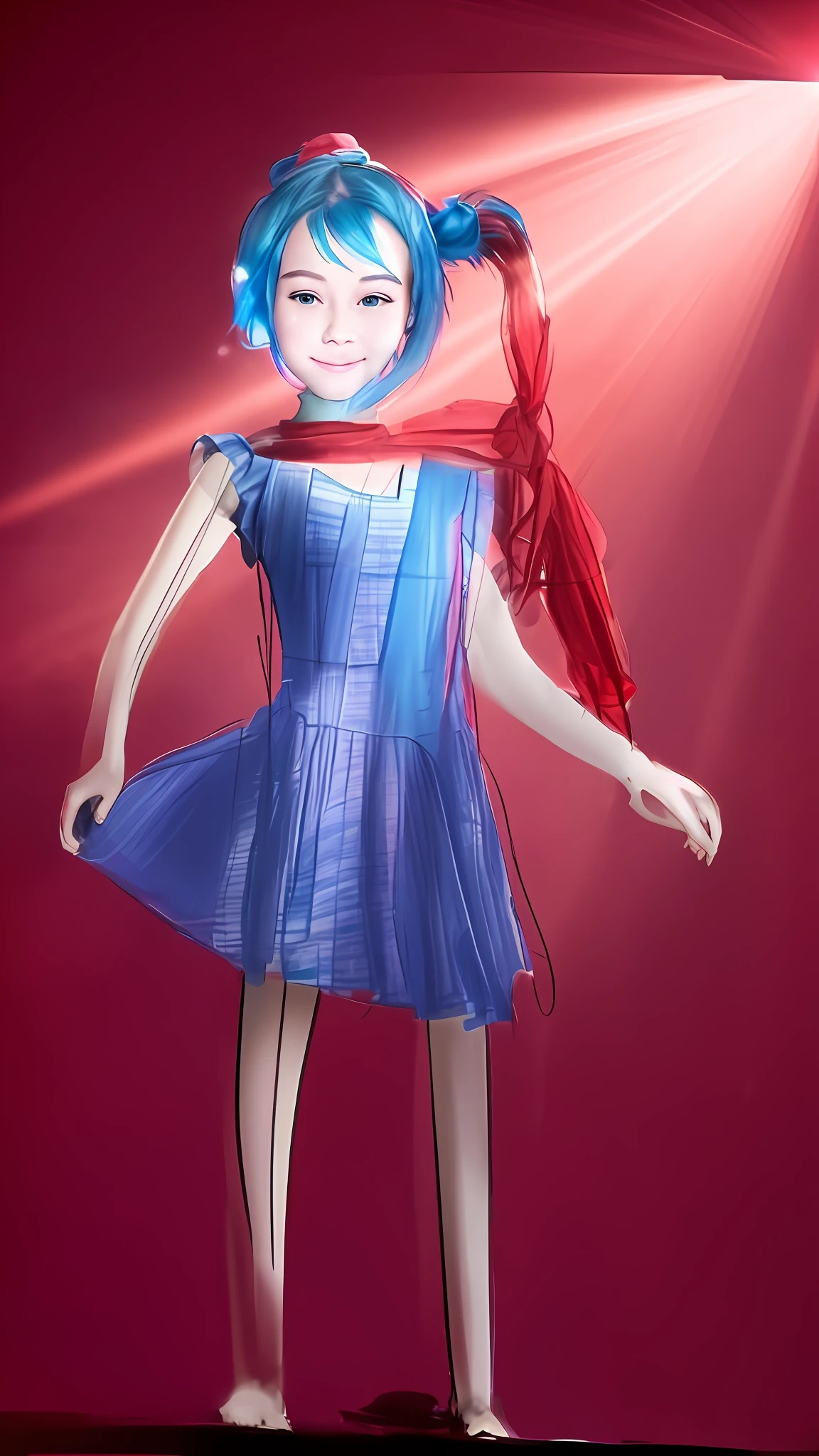 Draw a girl with a blue ponytail and a bright red dress, the girl stands elegantly, on a magical background, the girl has an innocent and kind smile, a beam of light shines on her blue hair and shines brightly, on the bridge by the sea --auto --s2