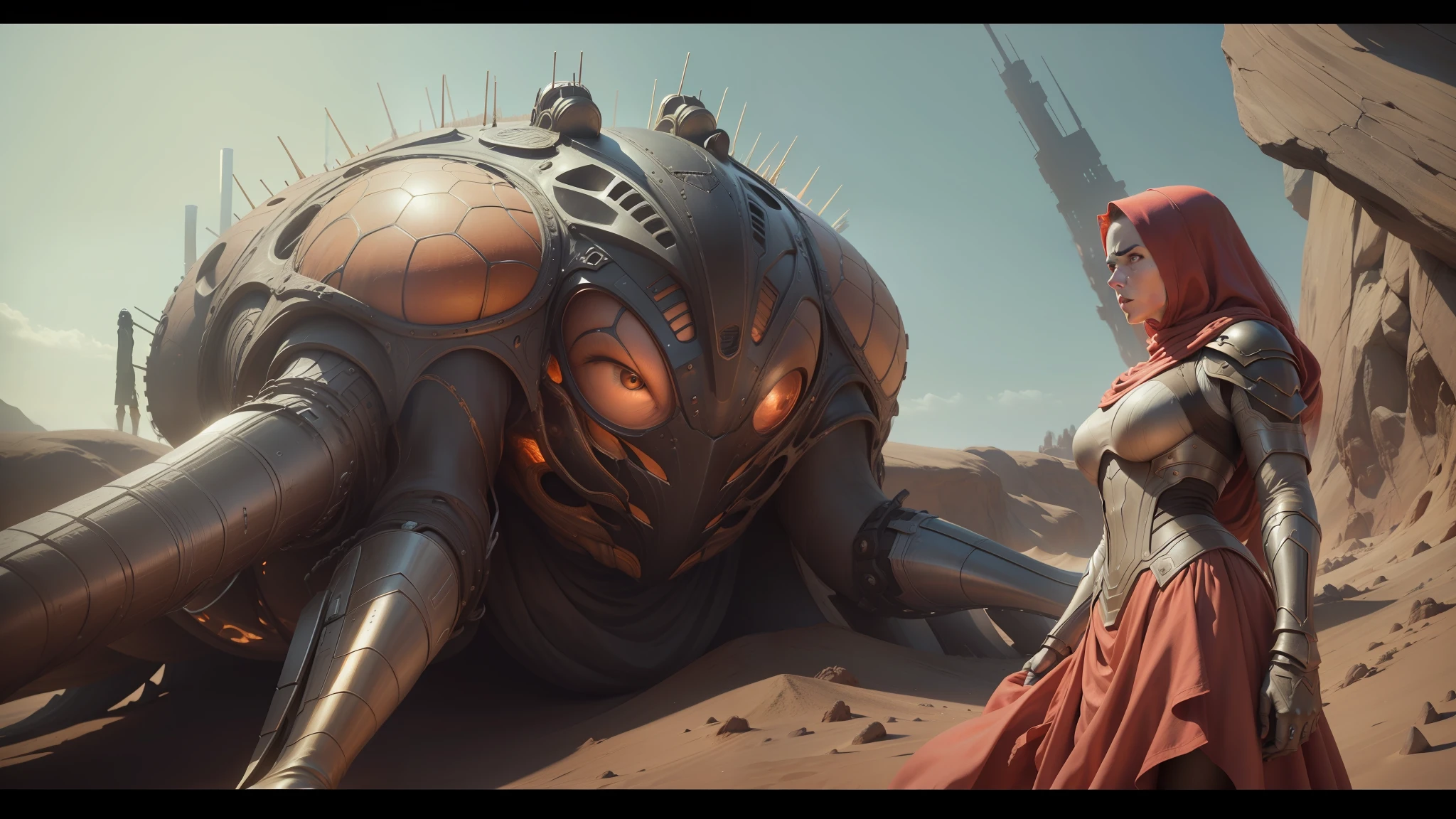 a close up of a woman standing next to a giant spider, still from movie dune, film still from movie dune-2021, scene from dune 2 0 2 1 movie, ilm of an epic sci-fi, from a 2 0 1 9 sci fi 8 k movie, film still from dune 2020, highly detailed barlowe 8 k --auto --s2