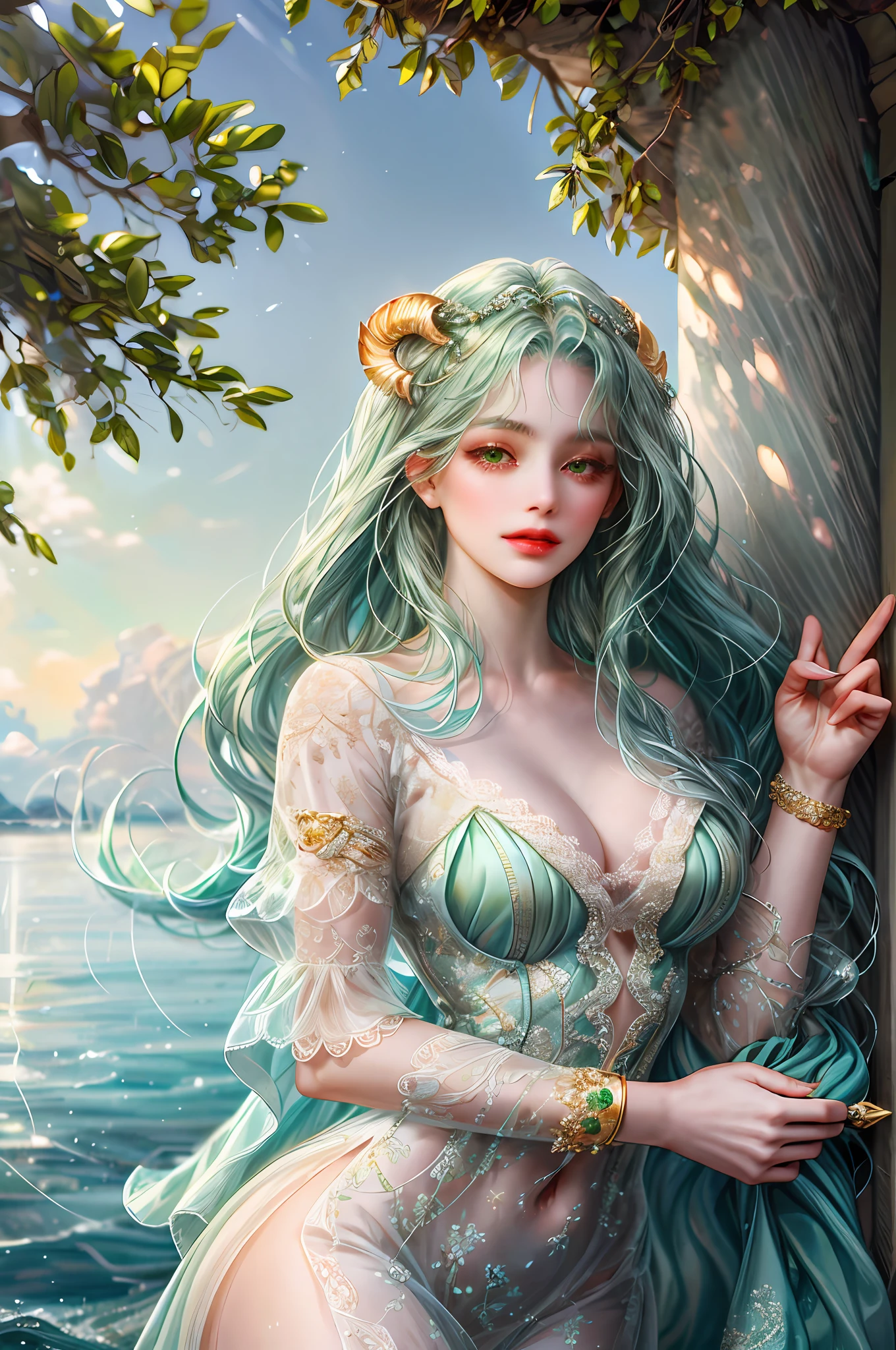 ( High quality , ultra detailed, careful with hand )Zodiac - Taurus goddess , similar to latin goodness , Practical, resourceful, confident, energetic, tidy face , Stubborn, unforgiving, excessive style , crystal greenish eyes , light green hair , transparent dress , in the ocean with tree island , whole body , tidy make up look ,