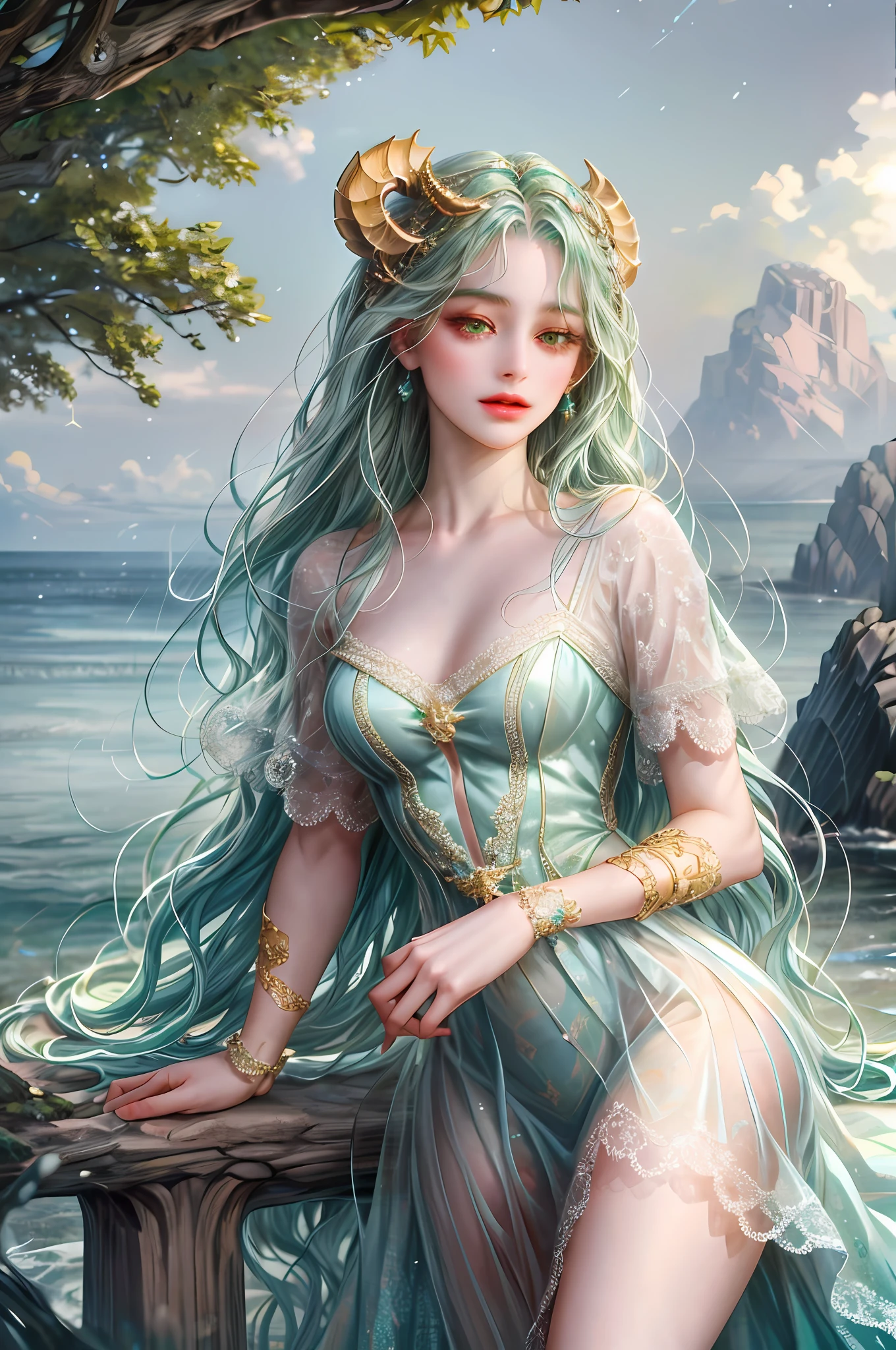 ( High quality , ultra detailed, careful with hand )Zodiac - Taurus goddess , similar to latin goodness , Practical, resourceful, confident, energetic, tidy face , Stubborn, unforgiving, excessive style , crystal greenish eyes , light green hair , transparent dress , in the ocean with tree island , whole body , tidy make up look ,