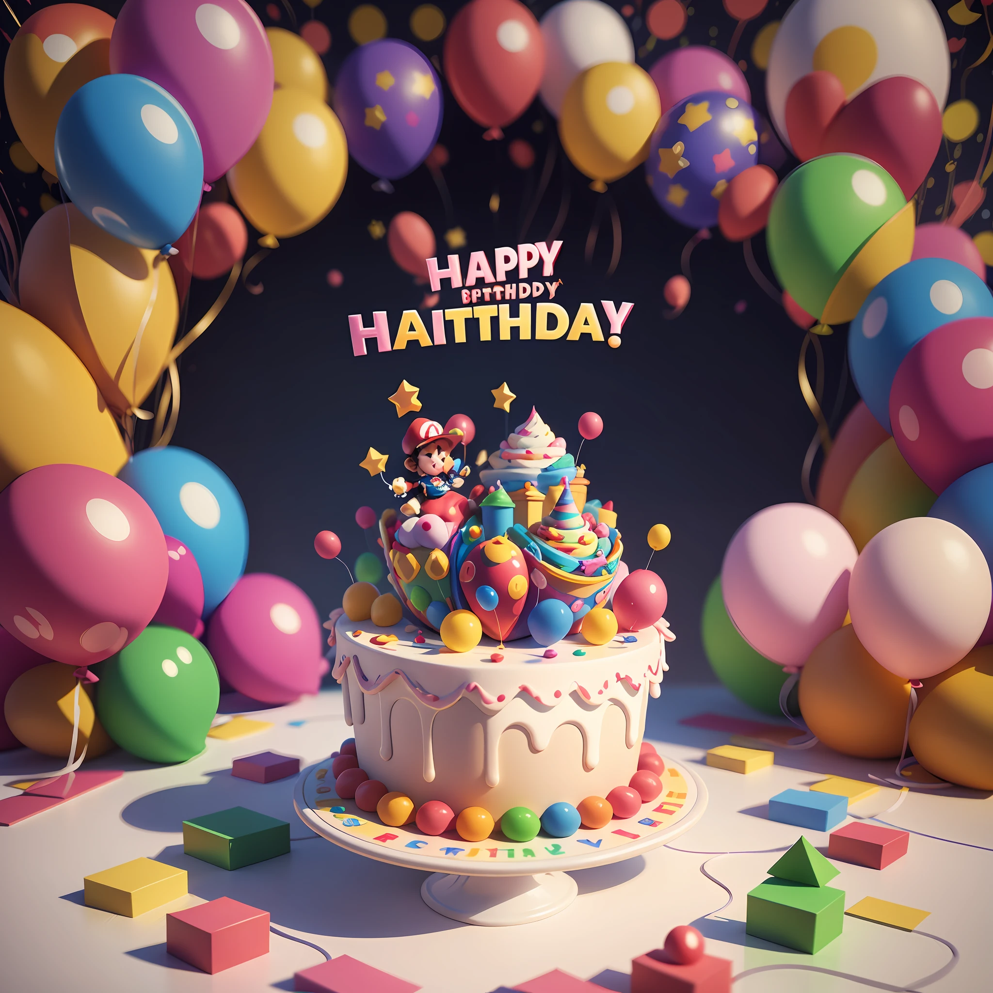 's birthday background, 3D Mario character, full of balloons, Happy Birthday written on top, cartoon rendering, high quality rendering, cute 3 D rendering, super detail rendering --auto --s2