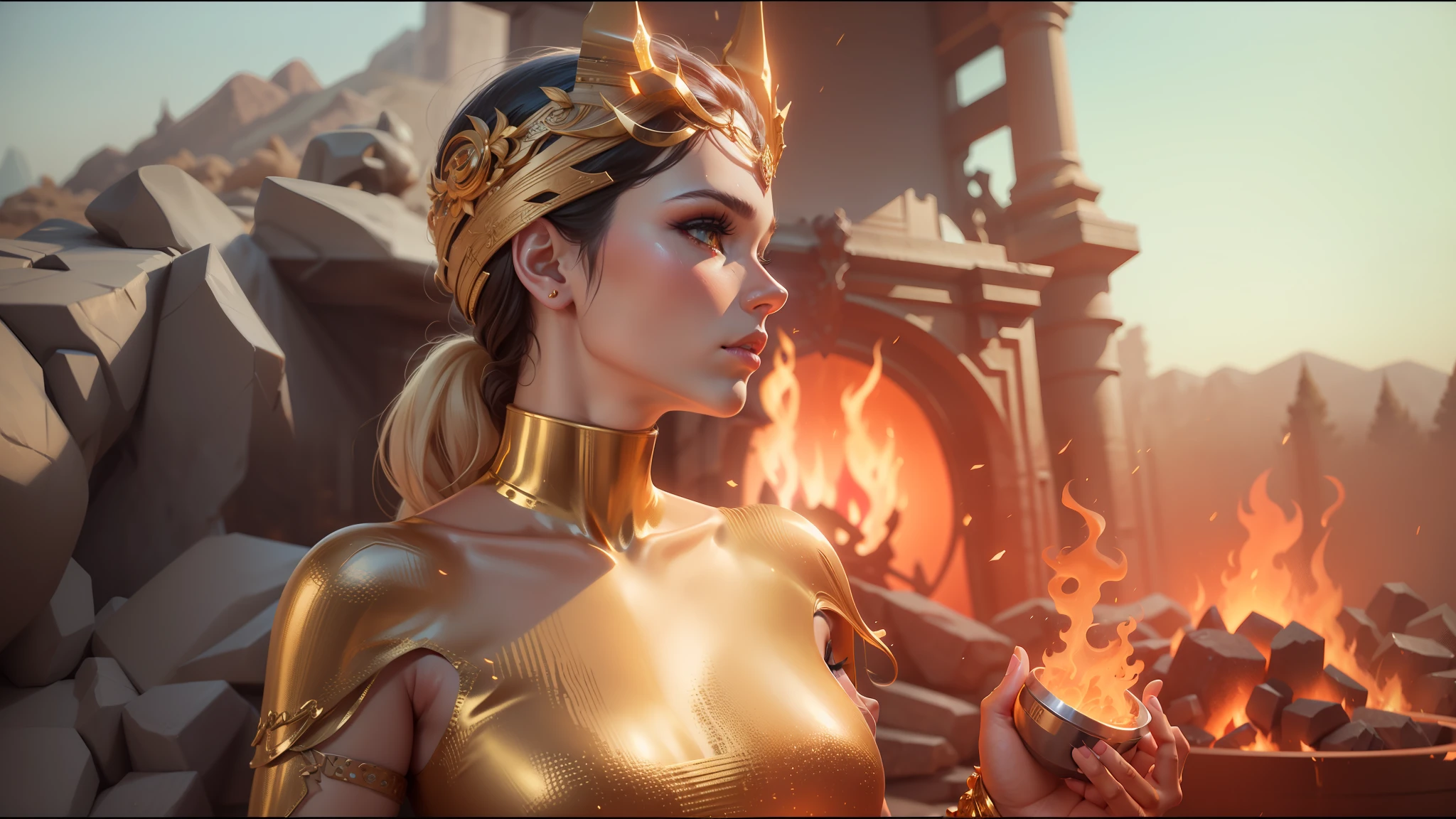 a close up of a woman in a gold dress and a red fire, unreal engine : : rave makeup, unreal engine render + a goddess, makeup. unreal engine, unreal engine 5 : :, unreal engine 5 », unreal engine: .2, unreal engine 7, artgerm ; 3d unreal engine, unreal engine 6, unreal engine ”, unreal engine” --auto --s2