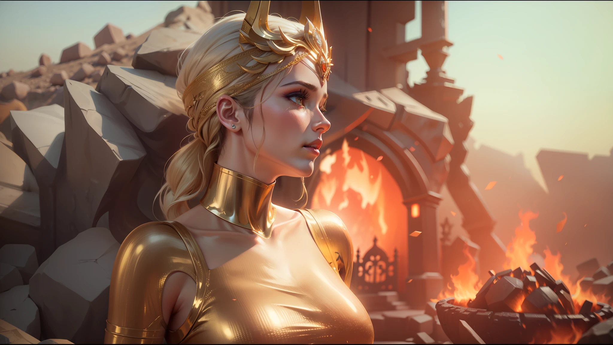 a close up of a woman in a gold dress and a red fire, unreal engine : : rave makeup, unreal engine render + a goddess, makeup. unreal engine, unreal engine 5 : :, unreal engine 5 », unreal engine: .2, unreal engine 7, artgerm ; 3d unreal engine, unreal engine 6, unreal engine ”, unreal engine” --auto --s2