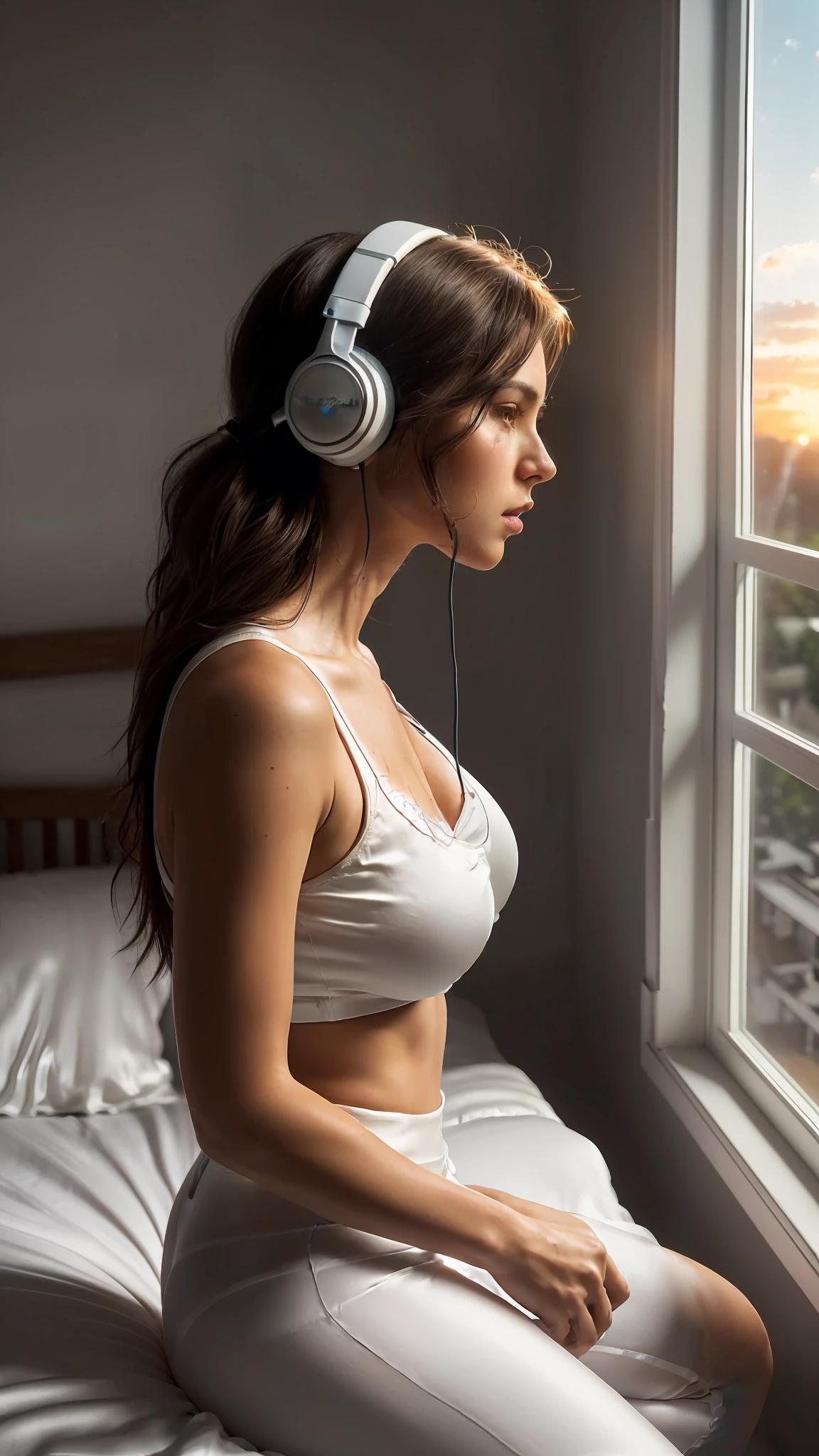 (best quality), beautiful woman, aesthetic, ((perfect body, large boobs, perfect thighs)), ((depressed faced, profile view, perfect face, detailed face)), ((long brunette messy hair, detailed hair)), ((wearing white tight shirt and silk short pants, detailed clothes)), ((sitting on bed with headphones on her head, relax, looking away)), headphones, audiophile, ((realistic, aesthetic photo)), ((dim light, sunset, bad room, window view background)), ((high saturation, high resolution, best lighting, best shadow, chromatic colours, hyper realistic photo, hd, 8k)), ((dynamic angle, head to thigh, cowboy shot CS, rewarded photography))