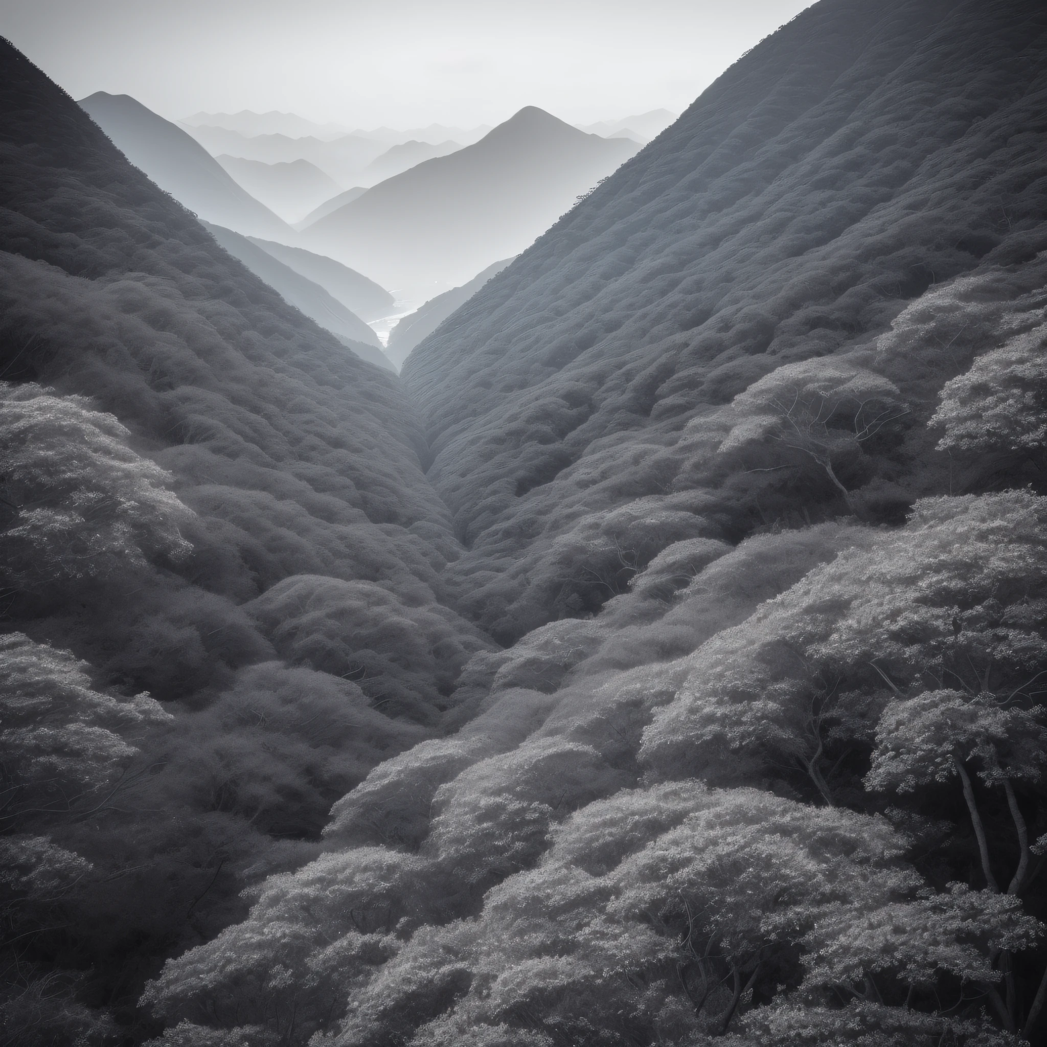 ((best quality)), ((stunning landscape photography)), ((majestic)), a breathtaking natural scene of Hong Kong's mountain trail and forest, captured in stunning black and white photography by Ansel Adams. The scene features a group of hikers trekking through the beautiful natural environment, surrounded by towering trees and majestic peaks. The lighting is natural and bright, perfectly showcasing the beauty and detail of the landscape. On eye level, scenic, masterpiece.