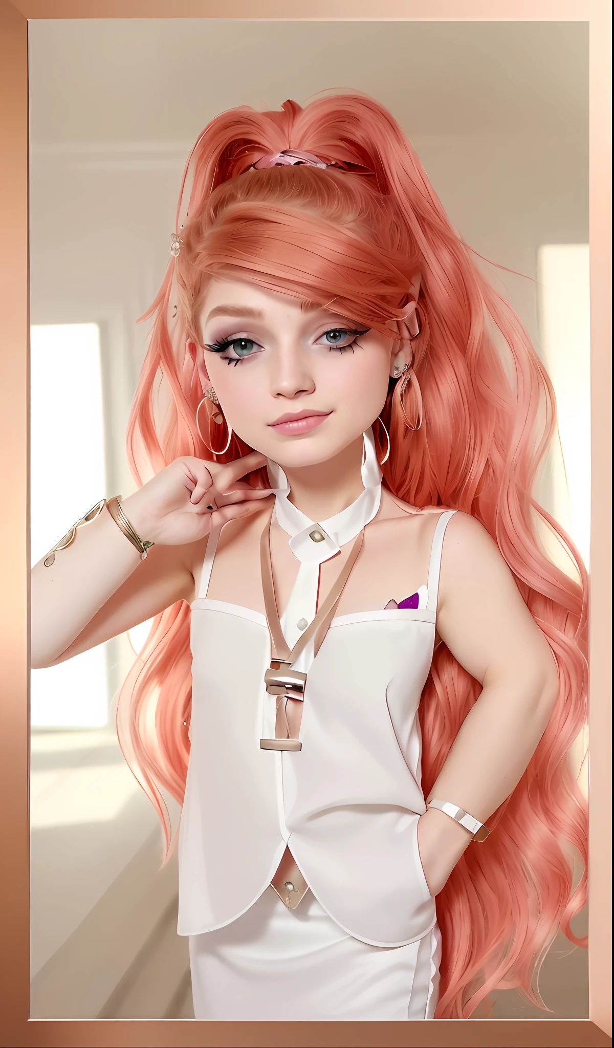 ((best quality)), ((ultra res)), ((photorealistic)), (intricate details), 19 years, light red hair perfect face, makeup:1.5, light on face, face detail, pixie_cut, make with the same face identical to the attached image