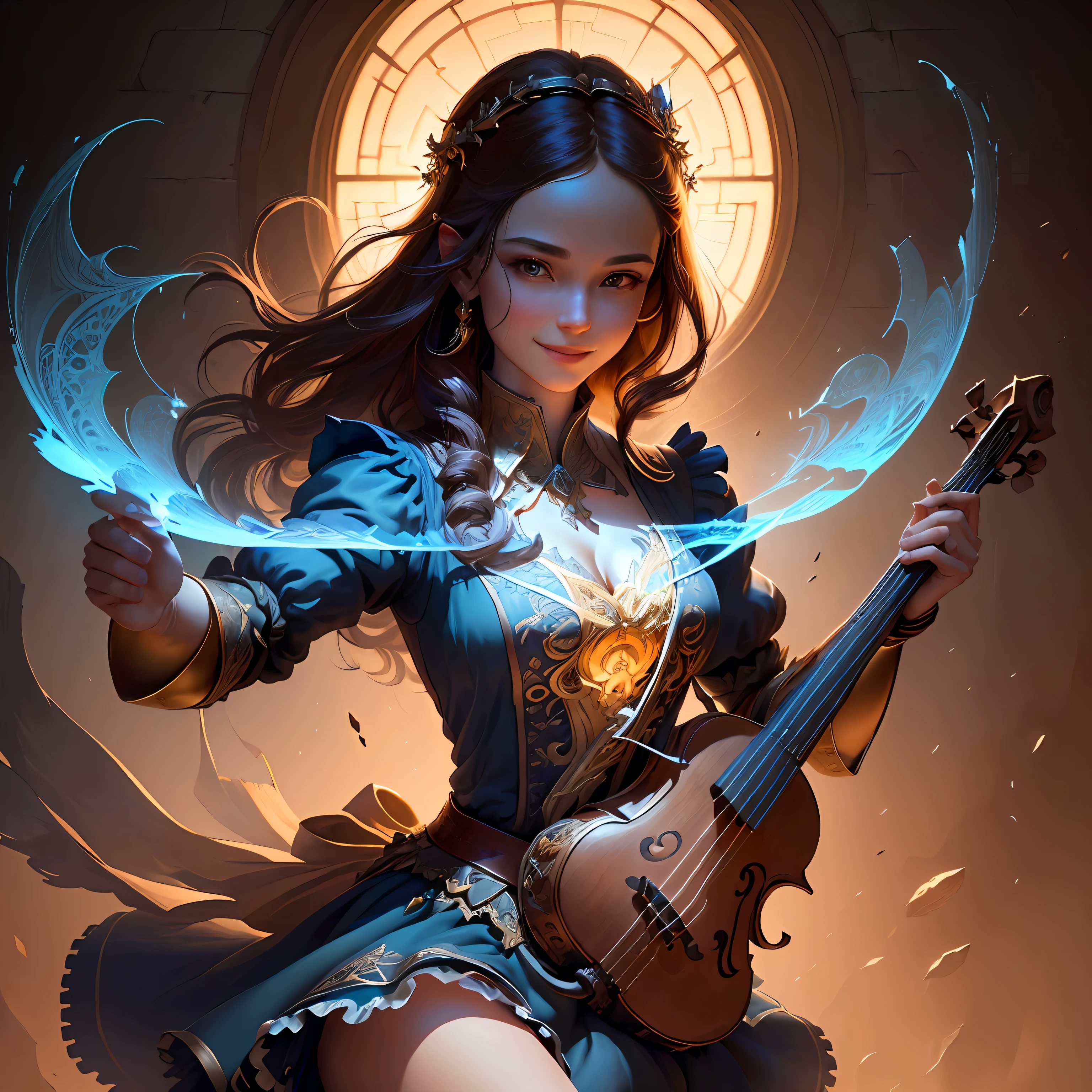 masterpiece, best quality, (very detailed CG unified 8k wallpaper), (best quality), (best illustration), (best shadow), real, realistic lighting, (abyss), beautiful detailed glowing, the art of PeterMohrbacher, the bard, the whole body, the bard, playing a lute, beautiful, very beautiful, delicate face, realistic expression, skirt, smile, woman