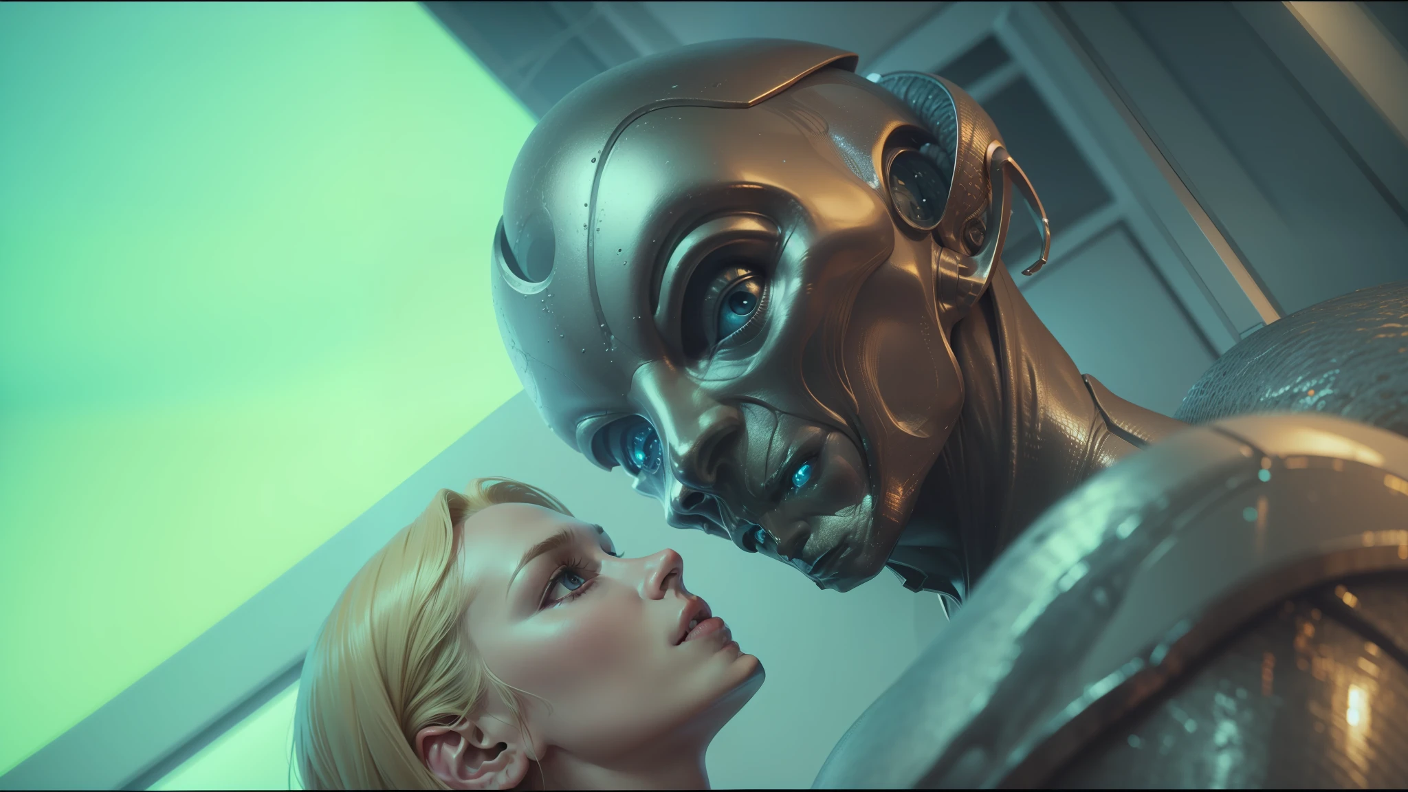 blond woman looking at a silver statue of a man, movie still of the alien girl, frame from prometheus movie, still frame from prometheus, eve online movie still, alien man with alien woman, movie still of a alien cyborg, sci - fi film still, scene from the movie prometheus, from a 2 0 1 9 sci fi 8 k movie --auto --s2
