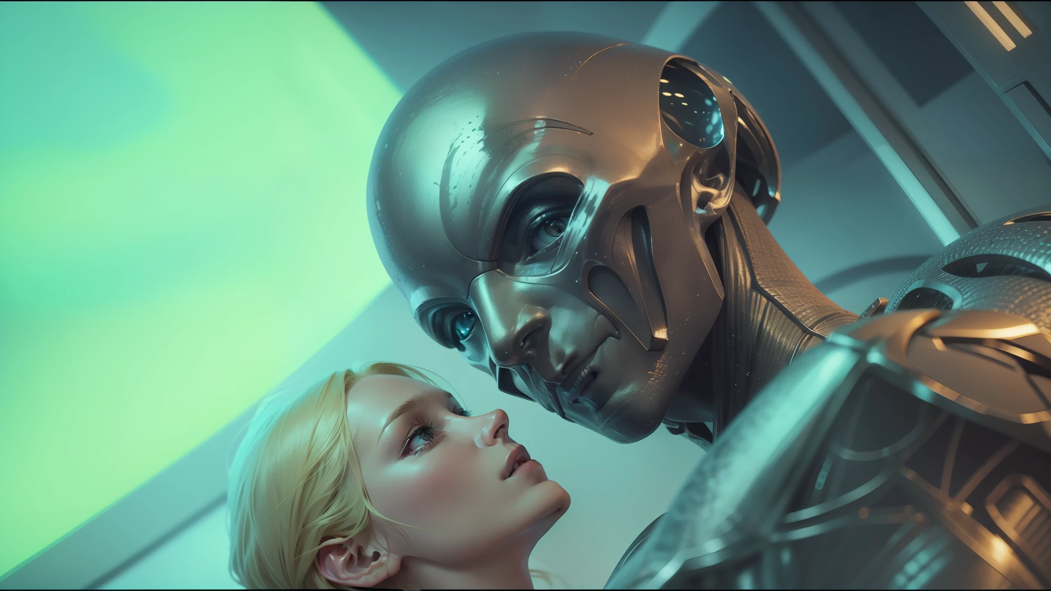 blond woman looking at a silver statue of a man, movie still of the alien girl, frame from prometheus movie, still frame from prometheus, eve online movie still, alien man with alien woman, movie still of a alien cyborg, sci - fi film still, scene from the movie prometheus, from a 2 0 1 9 sci fi 8 k movie --auto --s2