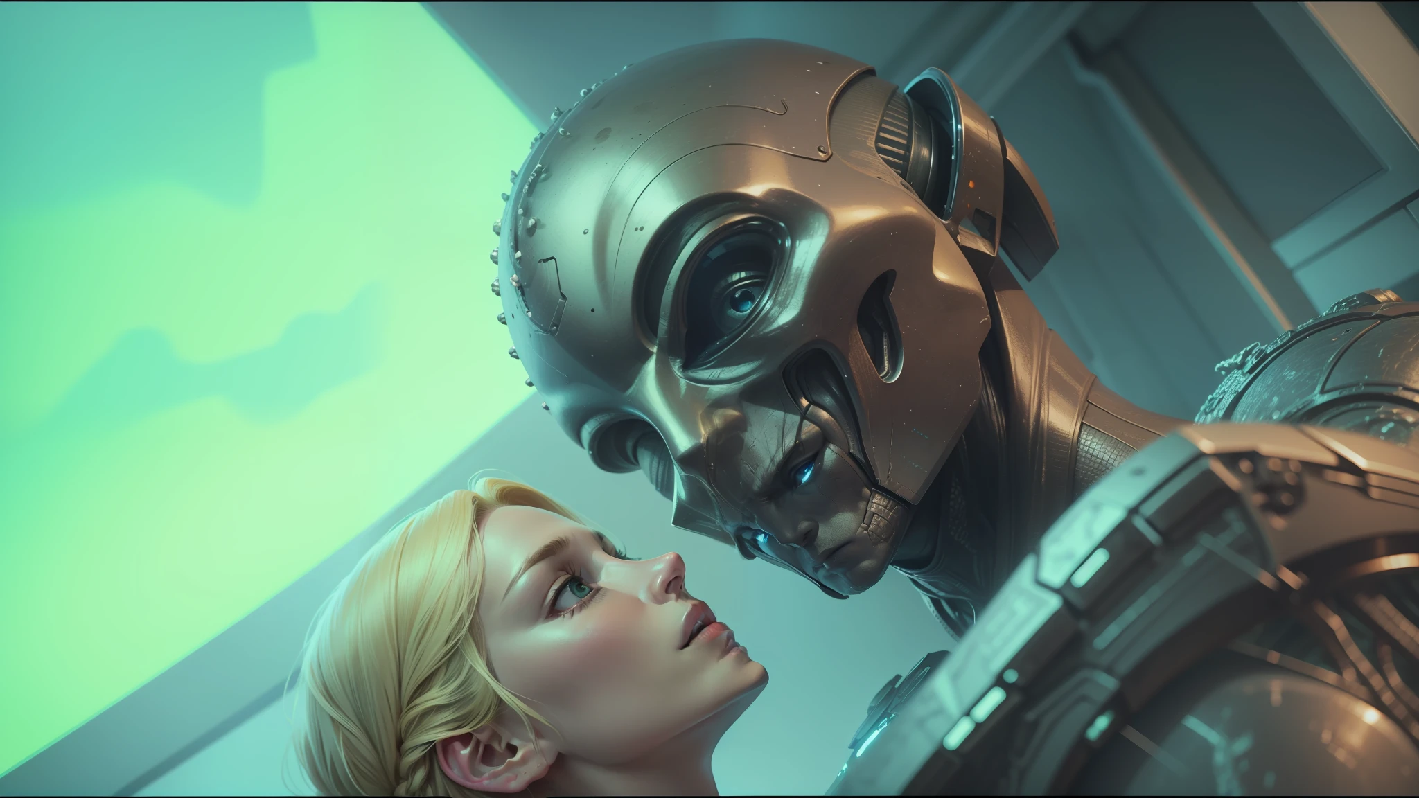 blond woman looking at a silver statue of a man, movie still of the alien girl, frame from prometheus movie, still frame from prometheus, eve online movie still, alien man with alien woman, movie still of a alien cyborg, sci - fi film still, scene from the movie prometheus, from a 2 0 1 9 sci fi 8 k movie --auto --s2