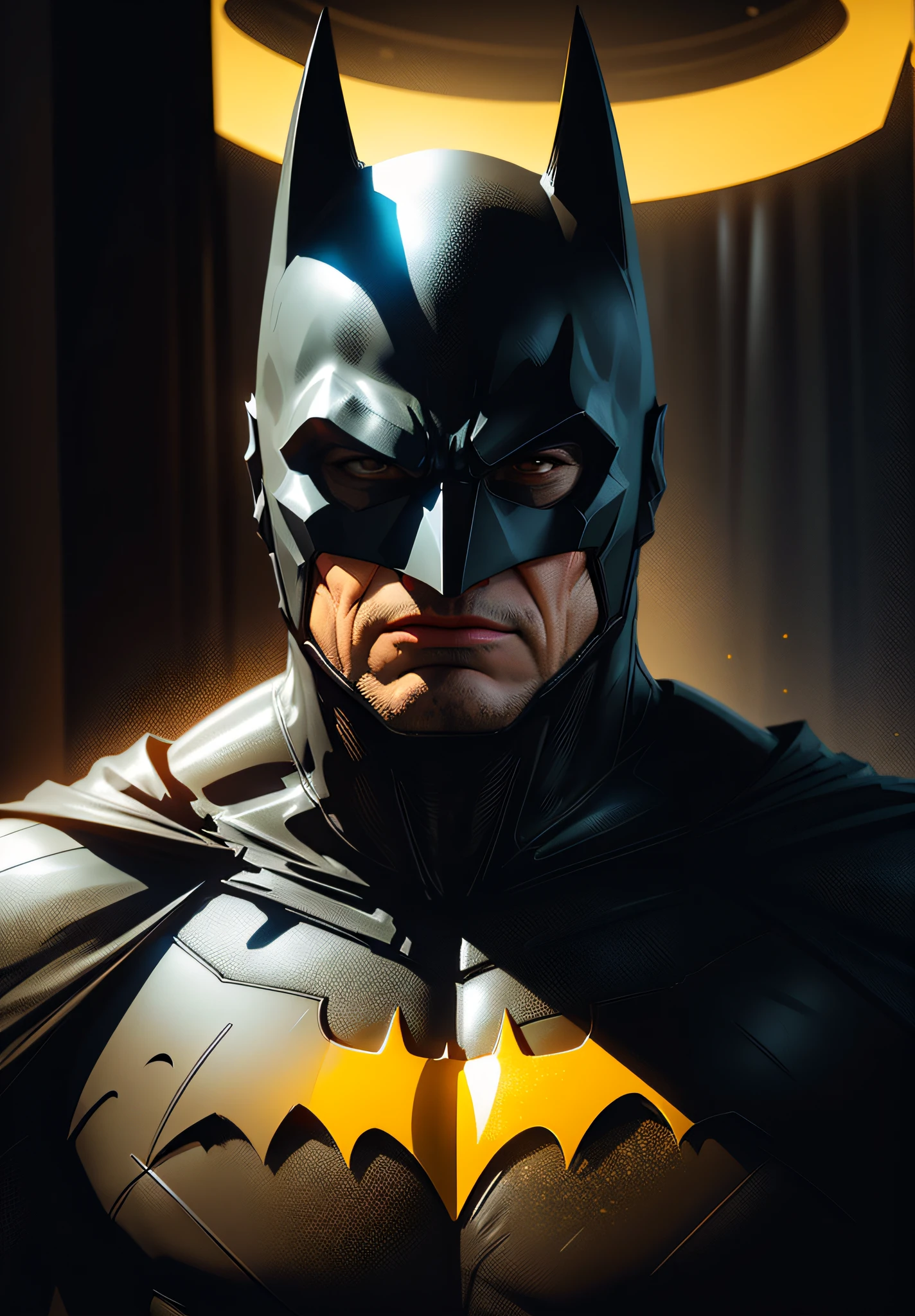Batman, realistic mask, yellow logo, wide shot, reflection light, bloom, chromatic aberration abuse, UHD