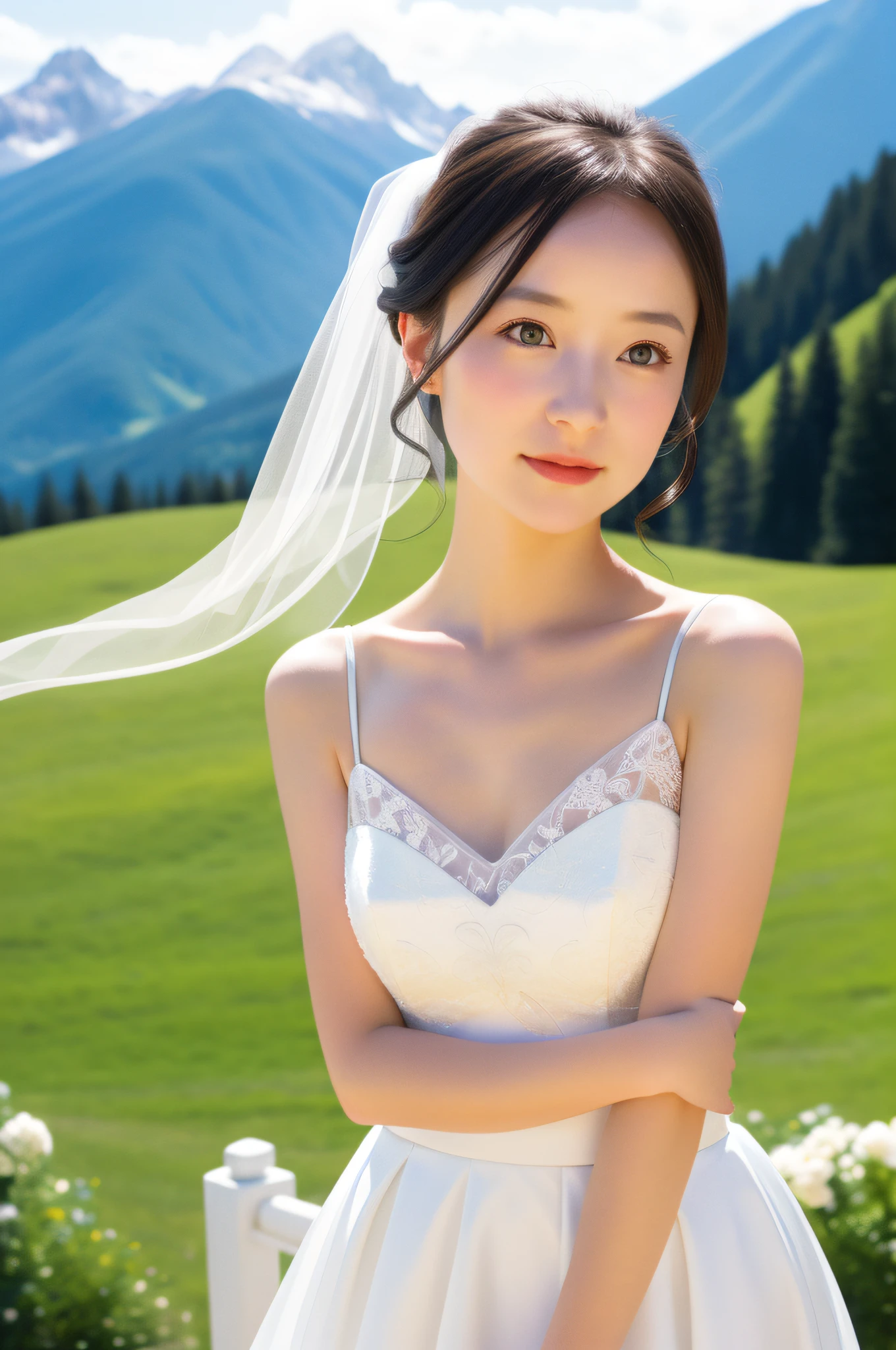 cobalt green wedding dress,white mini skirt,(sweat:0.7),woman in Alps,japanese,cute face, beautiful face,bare shoulders,shoulders all exposed,translucent skin,black eyes,black hair,(photorealistic:1.4),realistic details, high resolution,bokeh,outstanding details