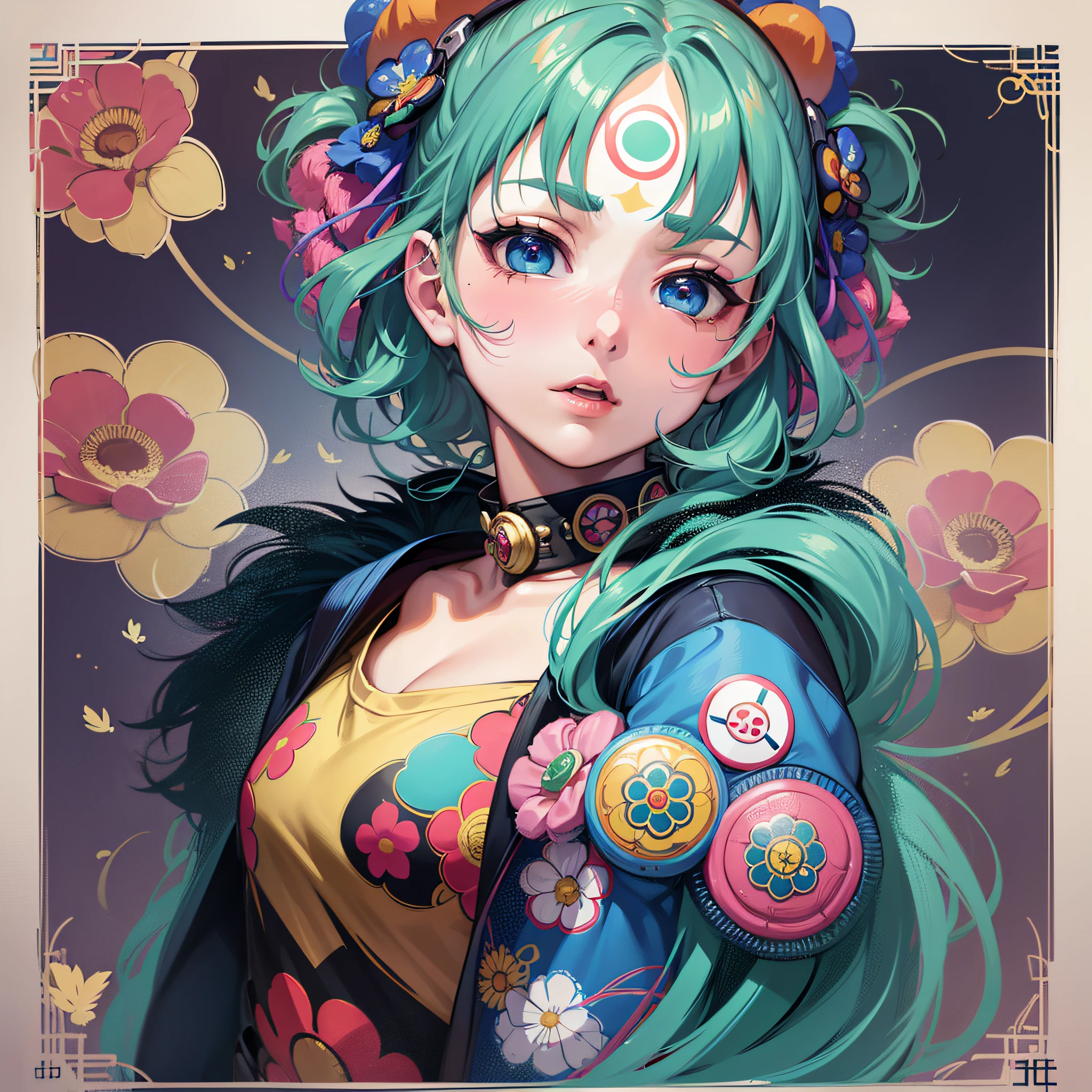 poster, upper portrait of anime girl, ultra-detailed, cel shading, artistic, Shibuya fashion, Harajuku fashion, mucha, Frida Kahlo, vivid floral oversized Sukajan bomber jacket, trends of pixie, badges, graphic design, art by Miyazaki Hay Takashi Murakami Oda Eiichirō, richly detailed colored, lush vivid color, high quality, highres, detail enhancement, 8k, hdr, sharp focus, ultra detailed, ((best quality))