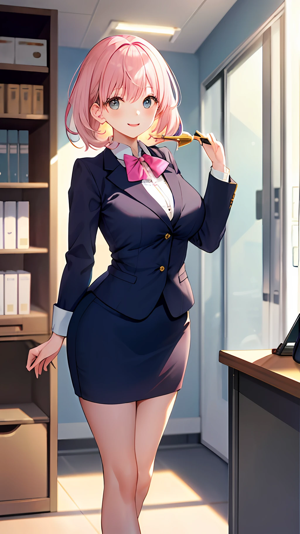 ((masterpiece, best)),(1girl),((mature woman)), light pink hair, dizzy, trumpet, ((office lady)), bangs, mid-chest, (full), slim, smiling, [wide hips] ,office,standing, aru \(blue archive\),