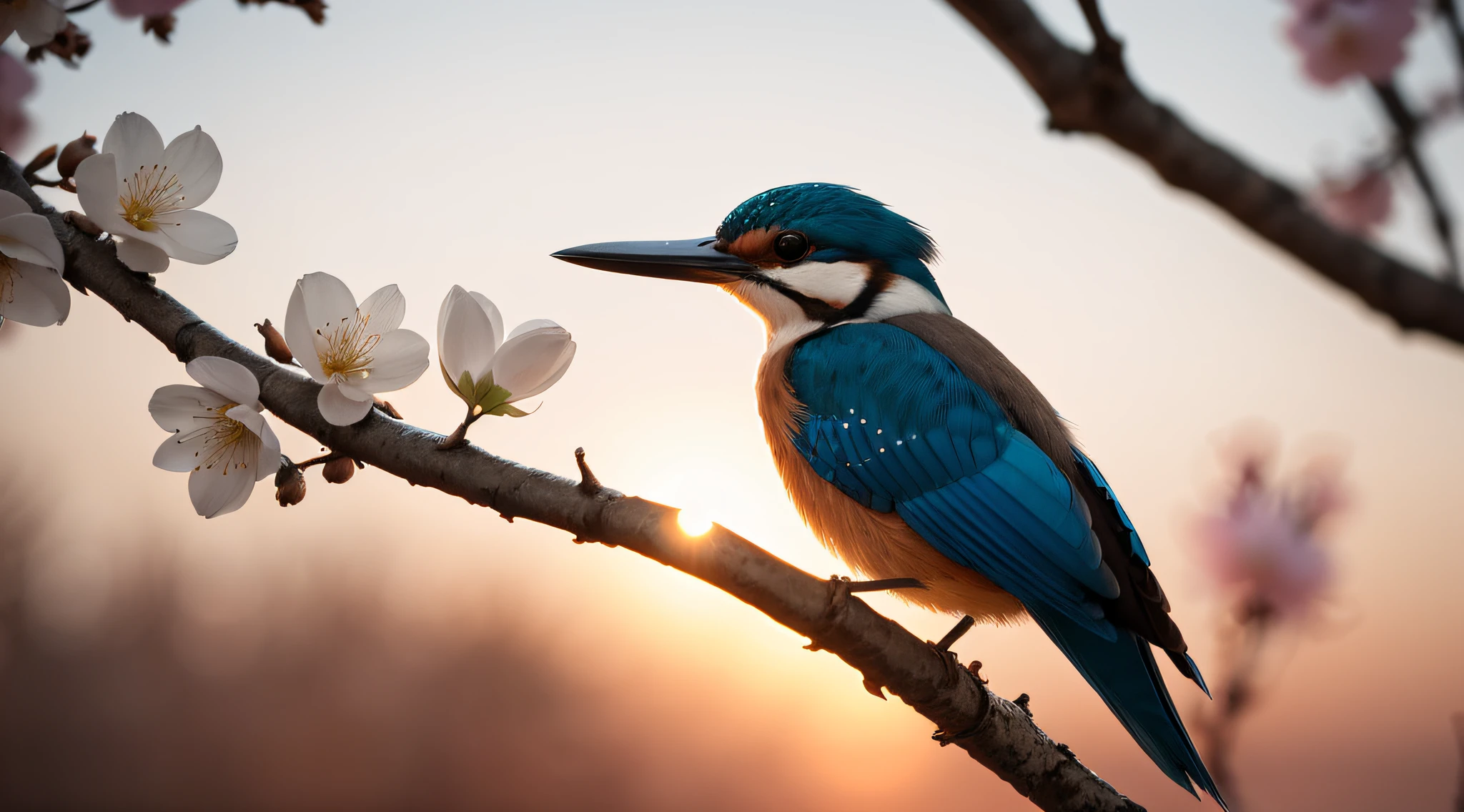 Superb Kingfisher near budding white cherry blossoms on branches, dark, dawn, (cold morning: 1.1), (morning dew: 1.15), realistic photography, (low-key photo: 1.2), detail, 8k, intricate folded feathers, water droplets on feathers, (to8contrast style), (mist: 0.7), vivid colors, embellish2 Phtography, HDR RAW photo, 8K, highres ,absurdres ,Kodak Portra 400 , film grain Bokeh,lens flare,vibrant color blurry background (best quality)masterpiece --auto --v 6
