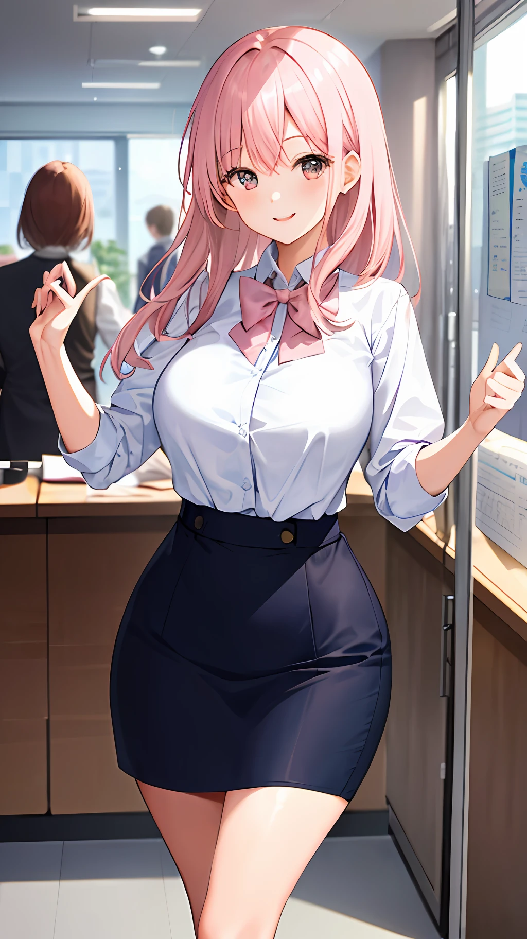 ((masterpiece, best)),(1girl),((mature woman)), light pink hair, dizzy, trumpet, ((office lady)), bangs, mid-chest, (full), slim, smiling, [wide hips] ,office,standing, aru \(blue archive\),