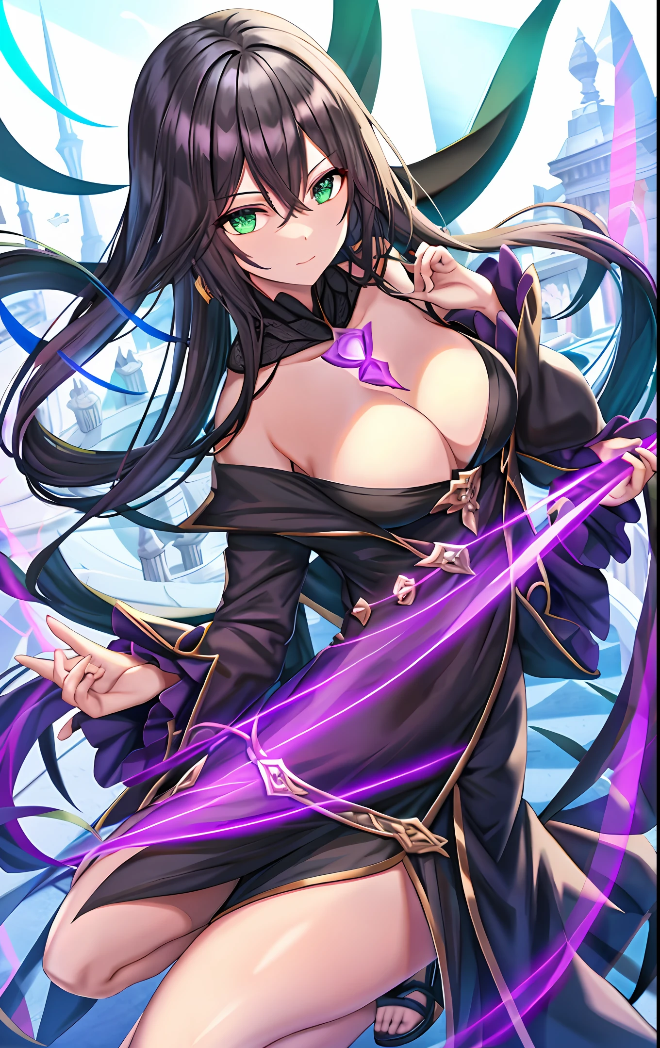 Black magician, with beautiful green eyes, and purple tunic, and sculptural body sleeve style