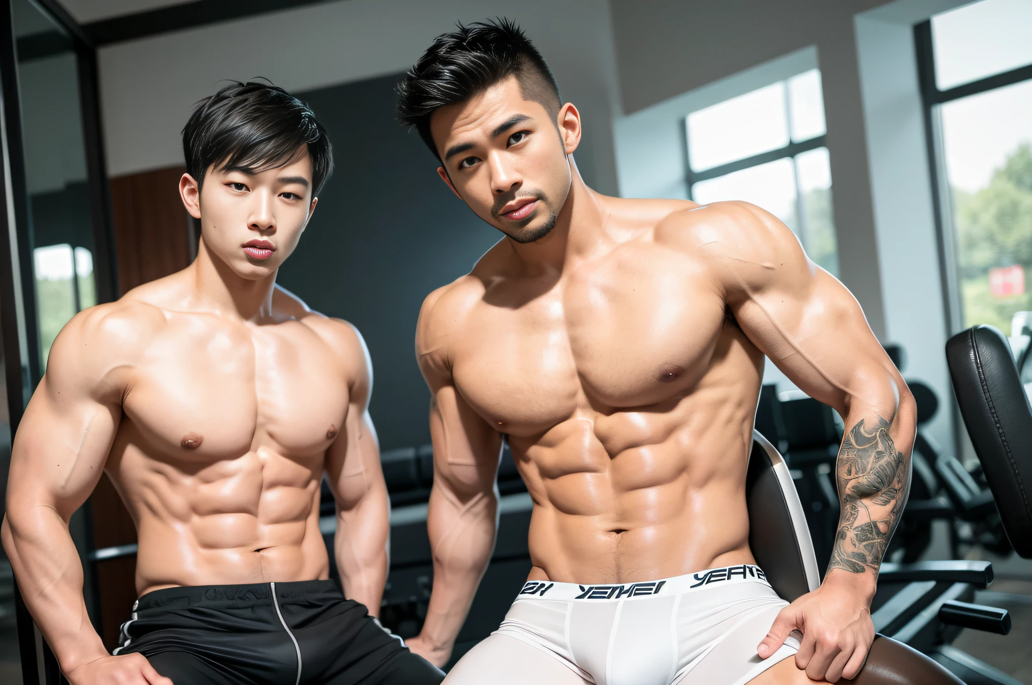 2 handsome guys, 25 years old, Asian, master works, best picture quality, higher quality, high detail, super high resolution, 8k resolution, delicate facial features, boys, big muscles, tattoos, glowing eyes, short hair, hair details, upper body , [[look away, look to the side, emphasize homosexuality and pay attention to every detail , gym, white rubber pants, ((((crotch bulge))))) fitness equipment background