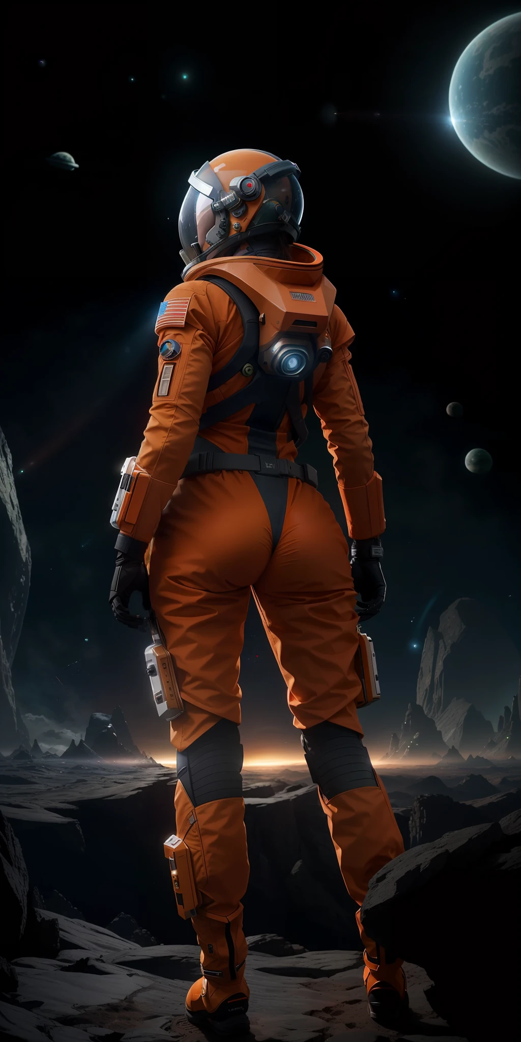 rear angle, Highly detailed RAW color Photo, Rear Angle, Full Body, of (female space soldier, wearing orange and white space suit, helmet, tined face shield, rebreather, accentuated booty), outdoors, (looking up at advanced alien structure, on alien planet), toned body, big butt, (sci-fi), (mountains:1.1), (lush green vegetation), (two moons in sky:0.8), (highly detailed, hyperdetailed, intricate), ((DAY TIME)), (lens flare:0.7), (bloom:0.7), particle effects, raytracing, cinematic lighting, shallow depth of field, photographed on a Sony a9 II, 50mm wide angle lens, sharp focus, cinematic film still from Gravity 2013, from behind