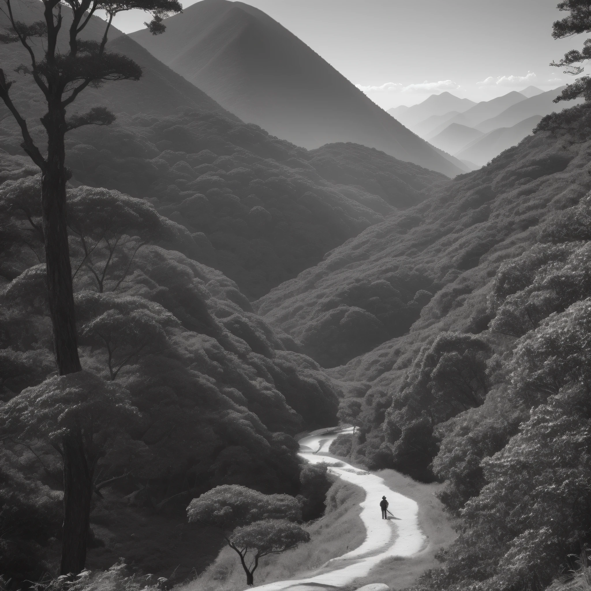 ((best quality)), ((stunning landscape photography)), ((majestic)), a breathtaking natural scene of Hong Kong's mountain trail and forest, captured in stunning black and white photography by Ansel Adams. The scene features a group of hikers trekking through the beautiful natural environment, surrounded by towering trees and majestic peaks. The lighting is natural and bright, perfectly showcasing the beauty and detail of the landscape. On eye level, scenic, masterpiece.