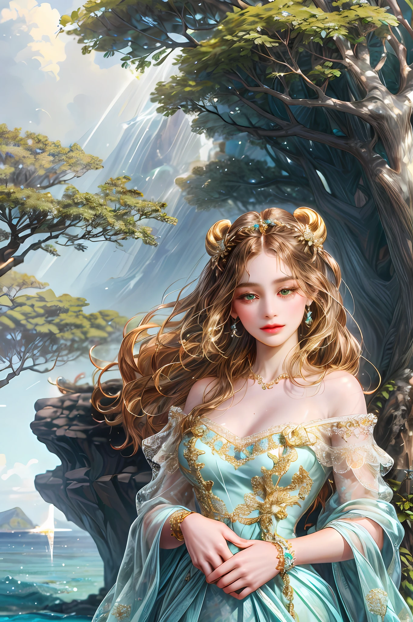 ( High quality , ultra detailed, careful with hand )Zodiac - Taurus goddess , similar to latin goodness , Practical, resourceful, confident, energetic, tidy face , Stubborn, unforgiving, excessive style , crystal greenish eyes , light brown hair , transparent dress , in the ocean with tree island , whole body , tidy make up look ,