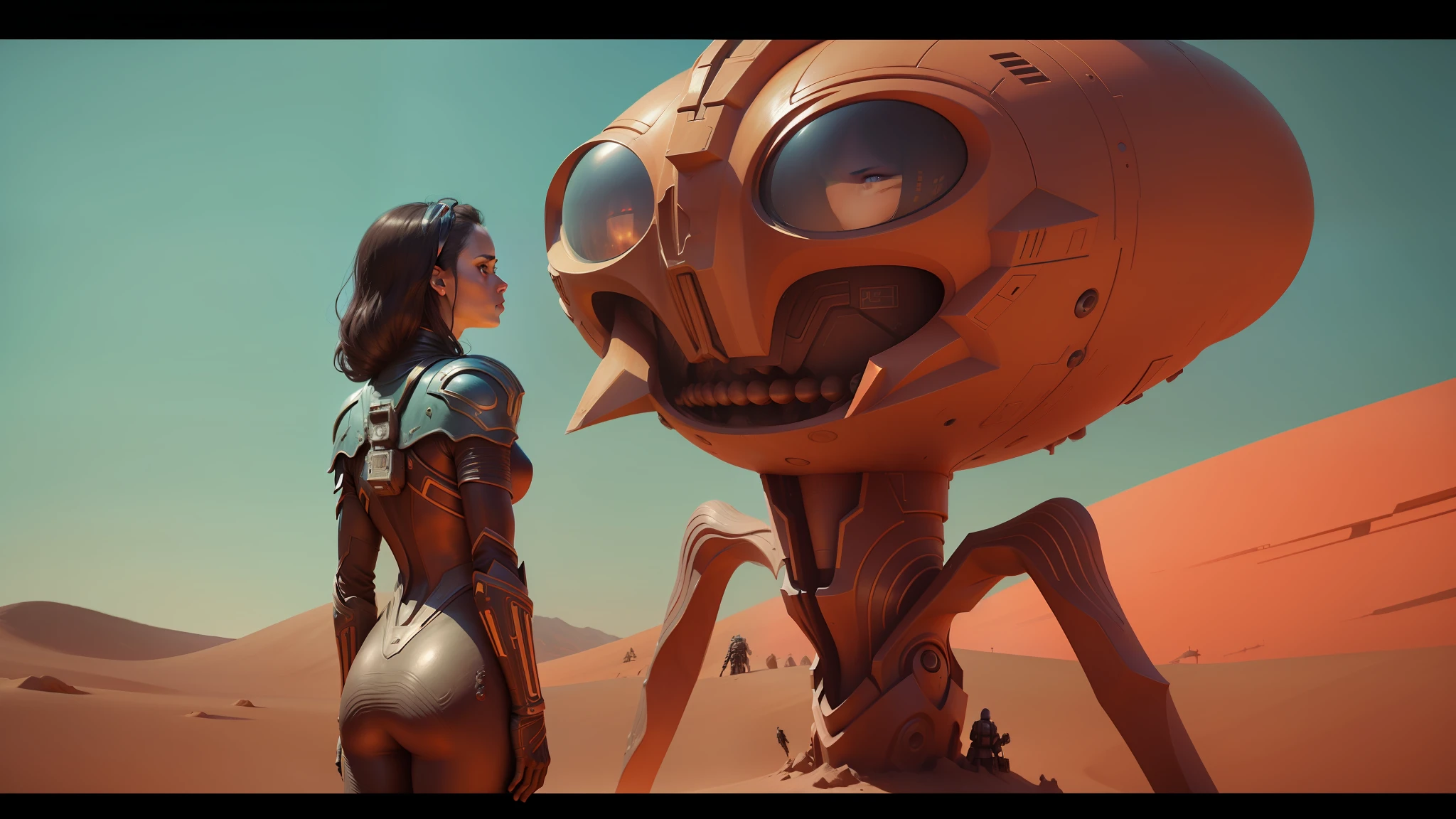 there is a woman standing next to a giant alien statue, still from movie dune, scene from dune 2 0 2 1 movie, dune (2021), film still from movie dune-2021, film still from dune 2020, john carter of mars, zoe kravitz futuristic astronaut, dune the movie, love death and robots --auto --s2