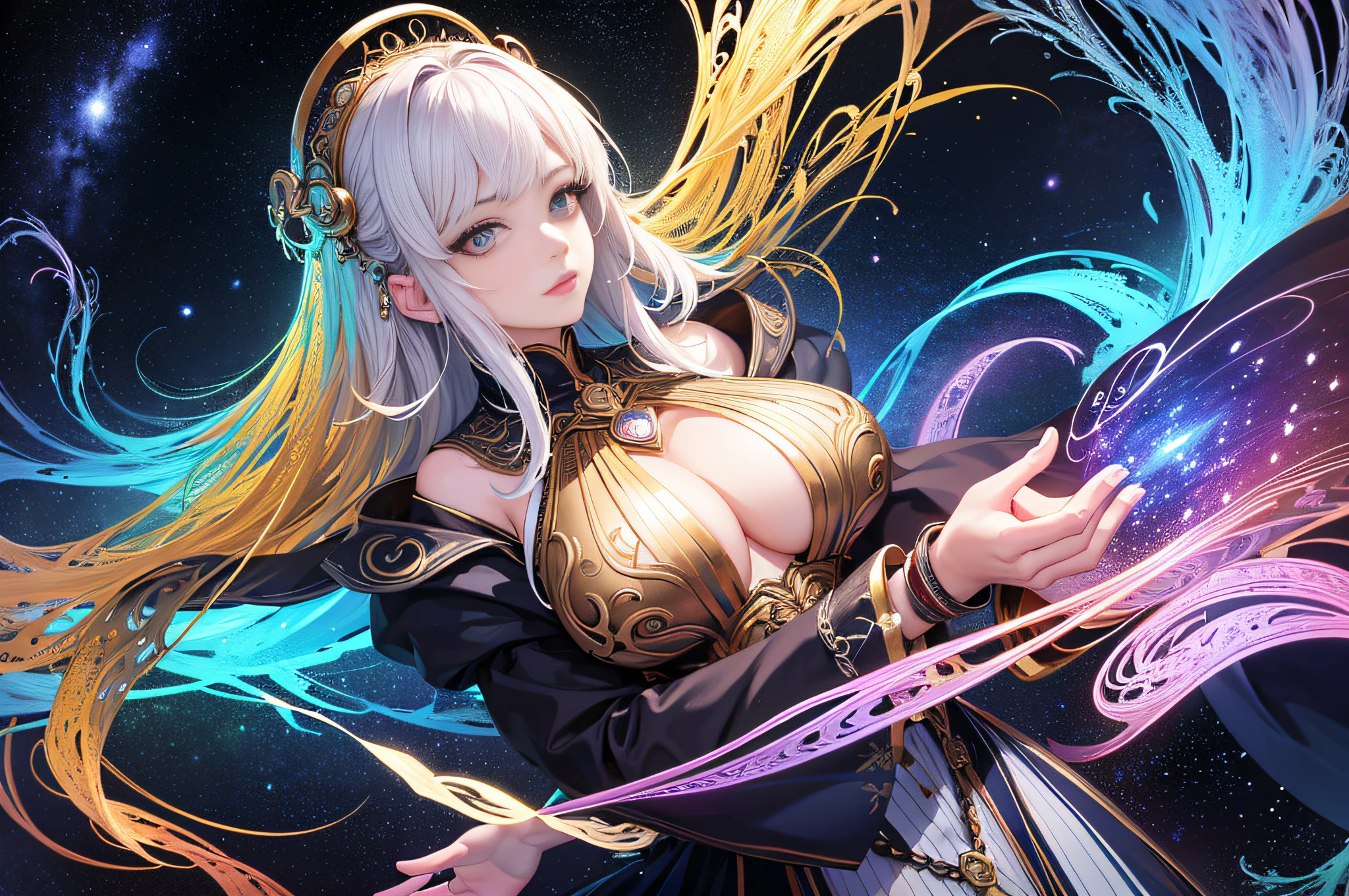 (Masterpiece, Top Quality, Best Quality, Official Art, Beauty and Aesthetics: 1.2), 1 Male, Extremely Detailed Eyes, (Fractal Art: 1.3), Colorful, Most Detailed, (Perfect Face), Shiny Skin, HDR, Galaxy River, (Light Lines), Striking Visual Effects, (Dynamic Stripes, Glow Track: 1.2), Dark Colors, (Vines), Background is a huge god