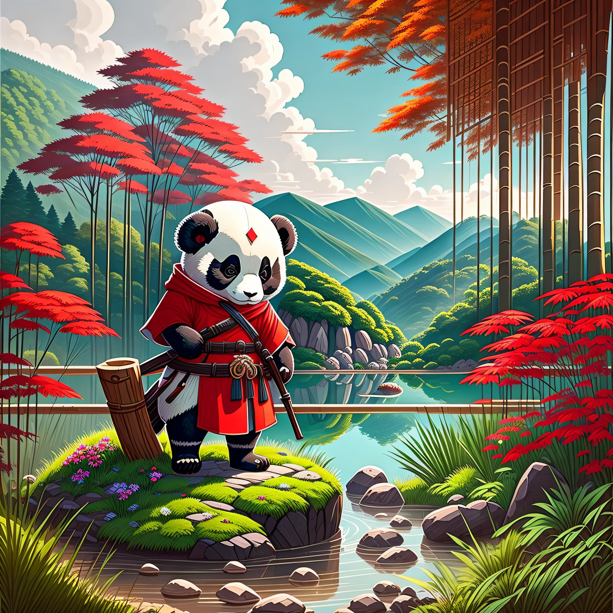 panda bear, red cap, on top of ruby stone, bamboo forest in the background, lake in the landscape, focus on the landscape, high quality, with medieval gun in hand --auto --s2