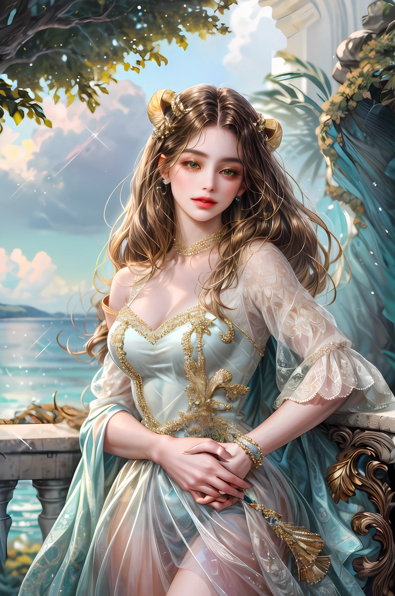 ( High quality , ultra detailed, careful with hand )Zodiac - Taurus goddess , similar to latin goodness , Practical, resourceful, confident, energetic, tidy face , Stubborn, unforgiving, excessive style , crystal greenish eyes , light brown hair , transparent dress , in the ocean with tree island , whole body , tidy make up look ,