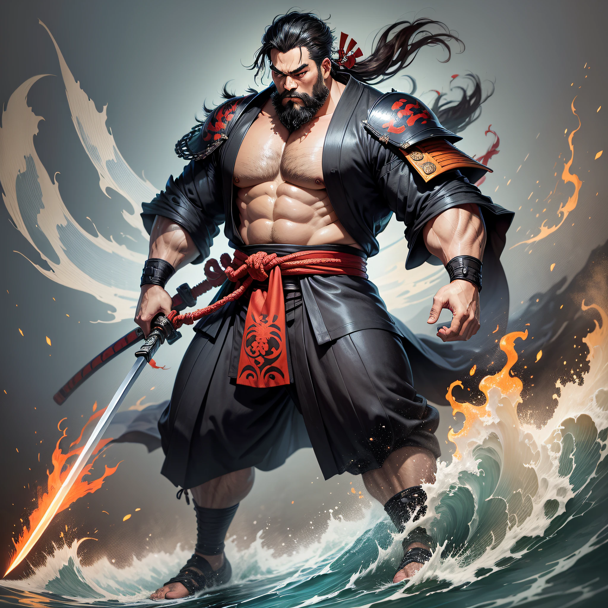It is a full-body painting with natural colors in the style of ukiyo-e. A Japan samurai with a large body like a strongman. He has a rough face, short black hair, and a short, trimmed beard. He wears a black kimono. The hakama should be a little longer and draw in a flowing shape that flutters in the wind. He holds a sword in his right hand with flames coming out of his Japan sword. The background is a swirling flame in Katsushika Hokusai style. Masterpiece high-resolution ukiyo-e style, with the highest quality --auto --s2