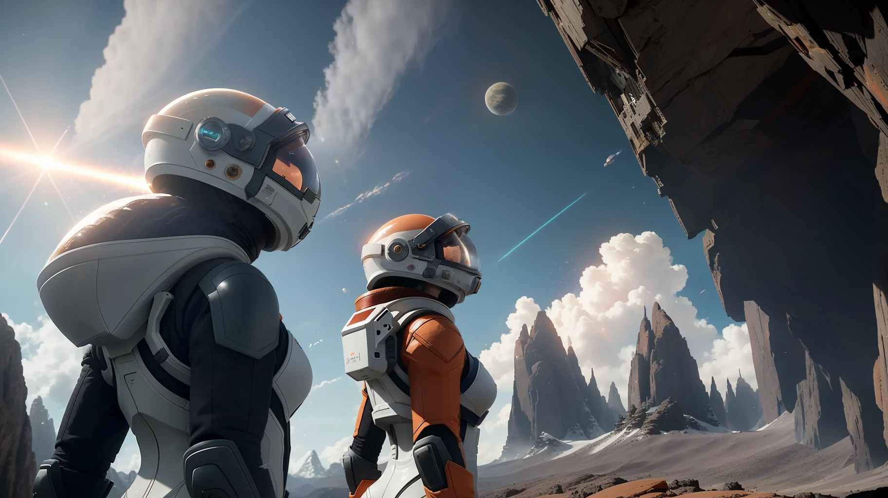 rear angle, Highly detailed RAW color Photo, Rear Angle, Full Body, of (female space soldier, wearing orange and white space suit, helmet, tined face shield, rebreather, accentuated booty), outdoors, (looking up at advanced alien structure, on alien planet), toned body, big butt, (sci-fi), (mountains:1.1), (lush green vegetation), (two moons in sky:0.8), (highly detailed, hyperdetailed, intricate), ((DAY TIME)), (lens flare:0.7), (bloom:0.7), particle effects, raytracing, cinematic lighting, shallow depth of field, photographed on a Sony a9 II, 50mm wide angle lens, sharp focus, cinematic film still from Gravity 2013, from behind
