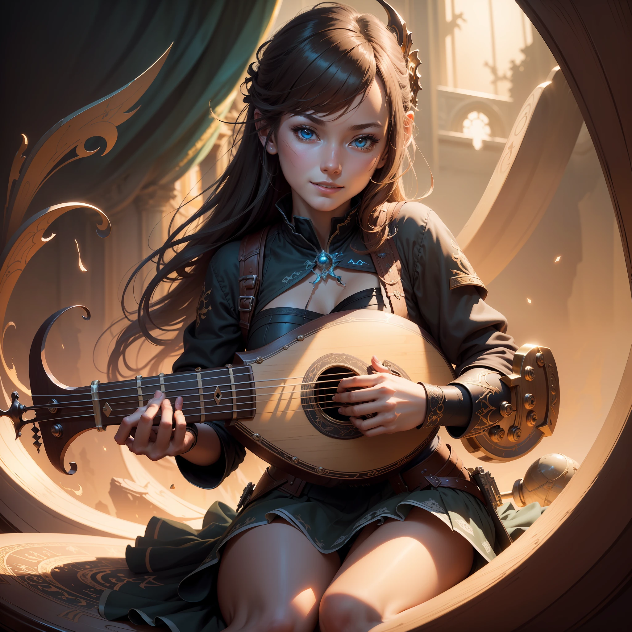 masterpiece, best quality, (very detailed CG unified 8k wallpaper), (best quality), (best illustration), (best shadow), real, realistic lighting, (abyss), beautiful detailed glowing, the art of PeterMohrbacher, 1girl (solo:1.5), bard, the whole body, playing a lute, beautiful, very beautiful, delicate face, realistic expression, skirt, smile, woman,