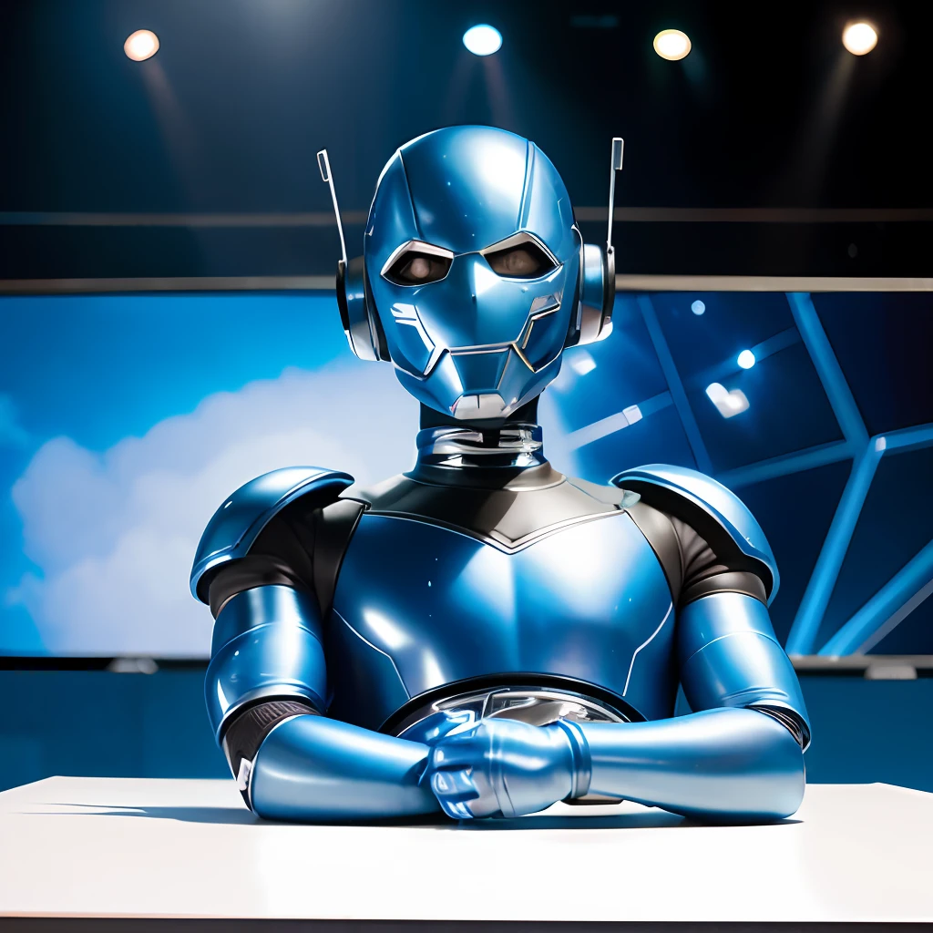 Image of a mascot doll, blue, black and chrome Android character, Ultron armor on the table, doing stunts, audience watching focus, hyperrealism, high definition, 8k, cinema