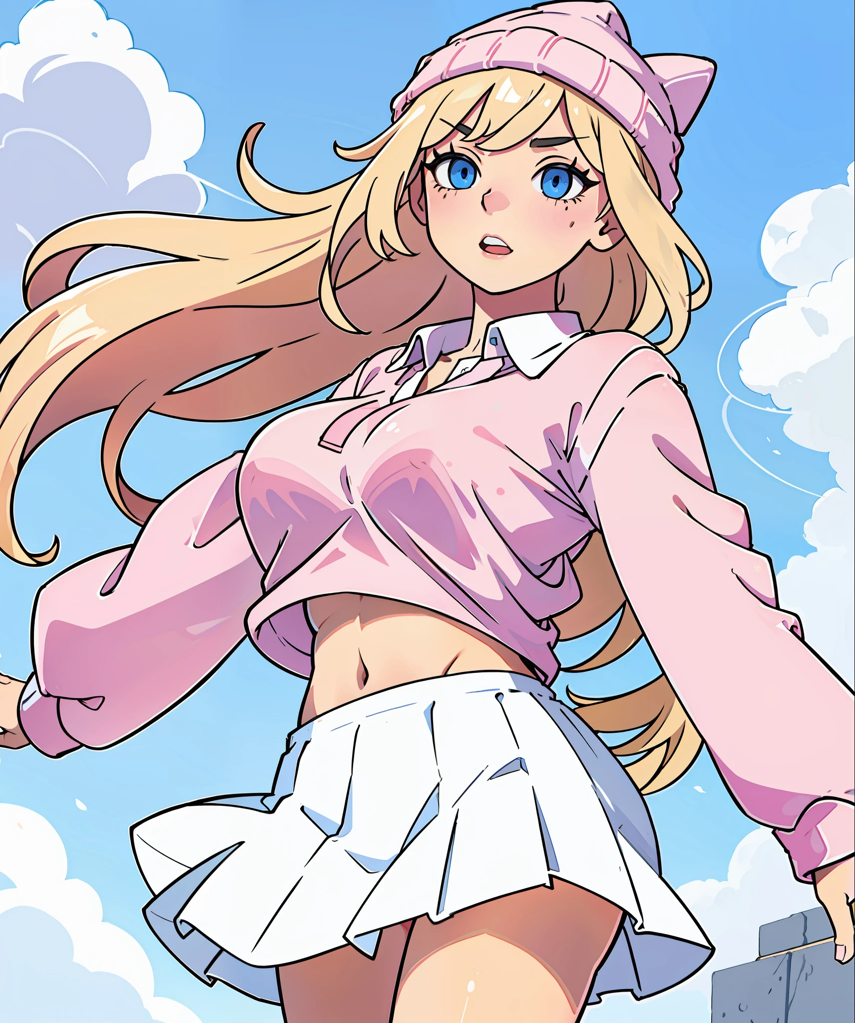 (best-quality:0.8) (nsfw), masterpiece_illustration, sky_background, sharp_focus, girl, solo, teenage, long_blond_hair, white_collar_polo_shirt, long_sleeves_pink_shirt_outer, white_short_skirt, pink_kitty_beanie, white_legwears, blue_eyes, big_breasts, braless, underboob