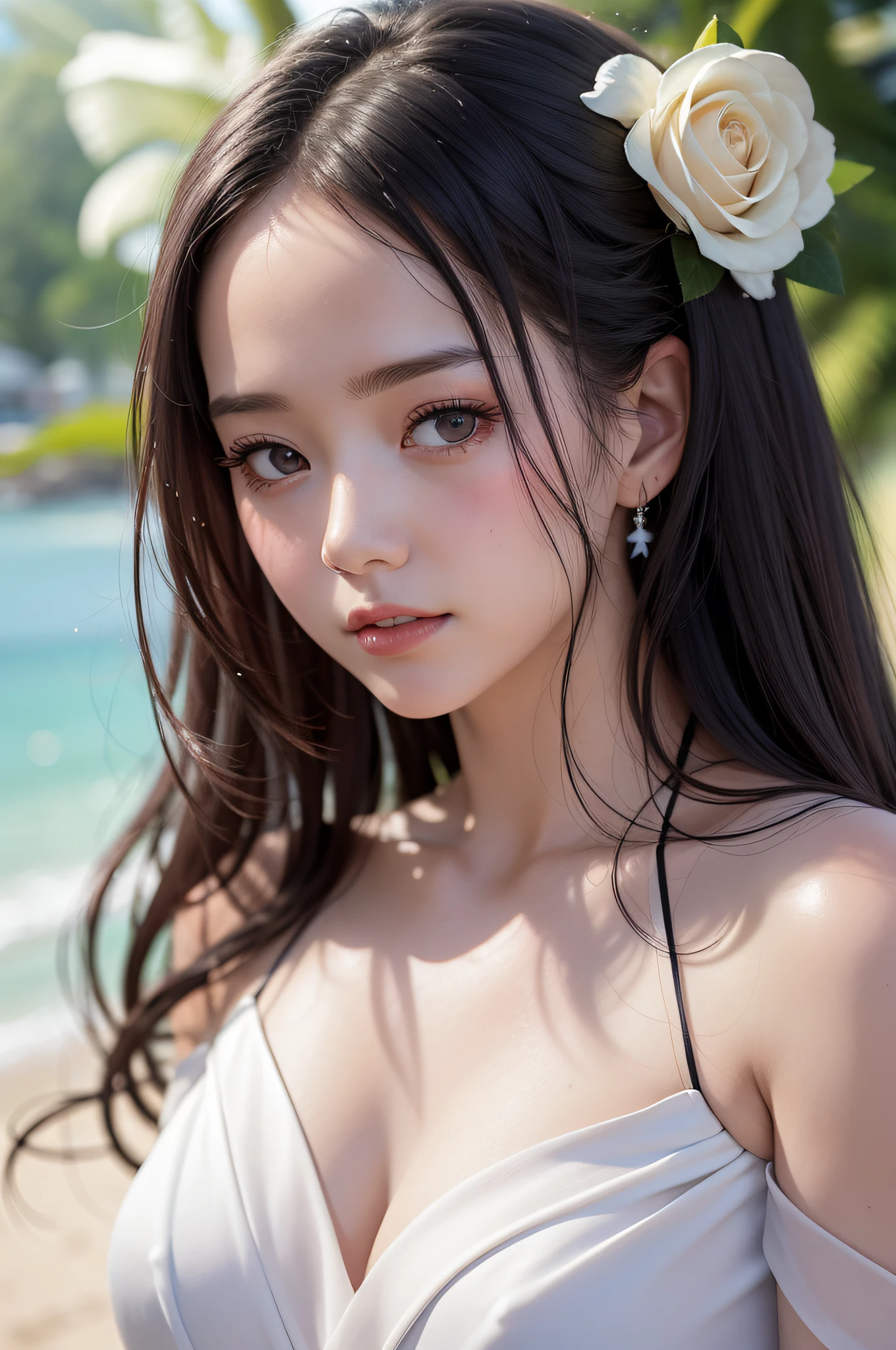 rose red wedding dress,white mini skirt,(sweat:0.7),woman in beach,japanese,cute face, beautiful face,bare shoulders,shoulders all exposed,translucent skin,black eyes,black hair,(photorealistic:1.4),realistic details, high resolution,bokeh,outstanding details