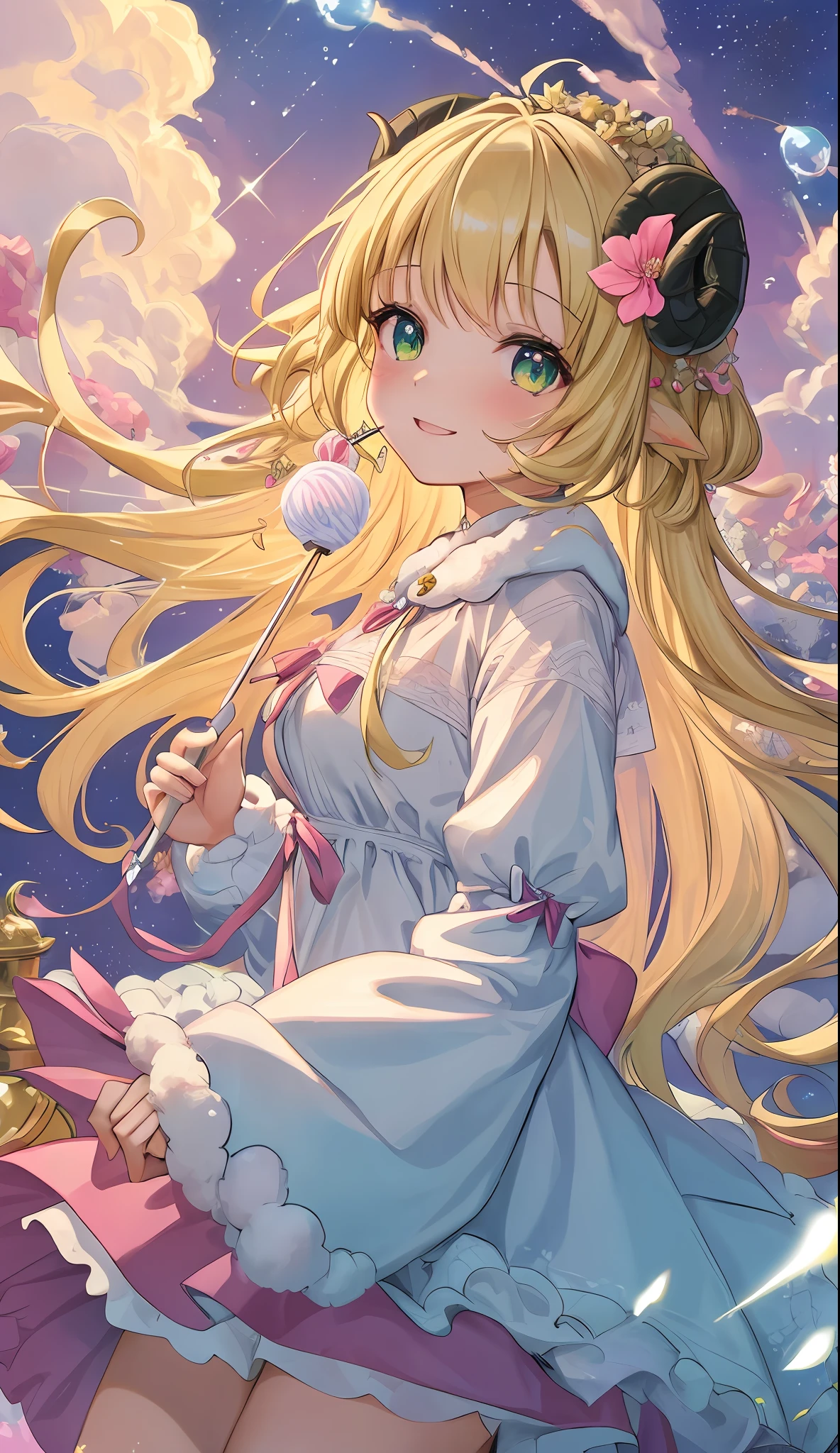 (ultra-detailed CG animation),(beautiful hand-drawn art),(adventurous and playful),(cute and charming),(1female),(sheep ears),(green eyes),(white wooly fur),(fluffy and soft texture),(happy smile),(wearing a flower crown),(holding a lollipop),(floating in a pink and blue air),(sparkling stars and bubbles),(pastel colors),(magical atmosphere),SLE, mksks-style, Top quality, Masterpiece, Detailed background, Very detailed, Complex and detailed face, Long eyelashes, Detailed eyes