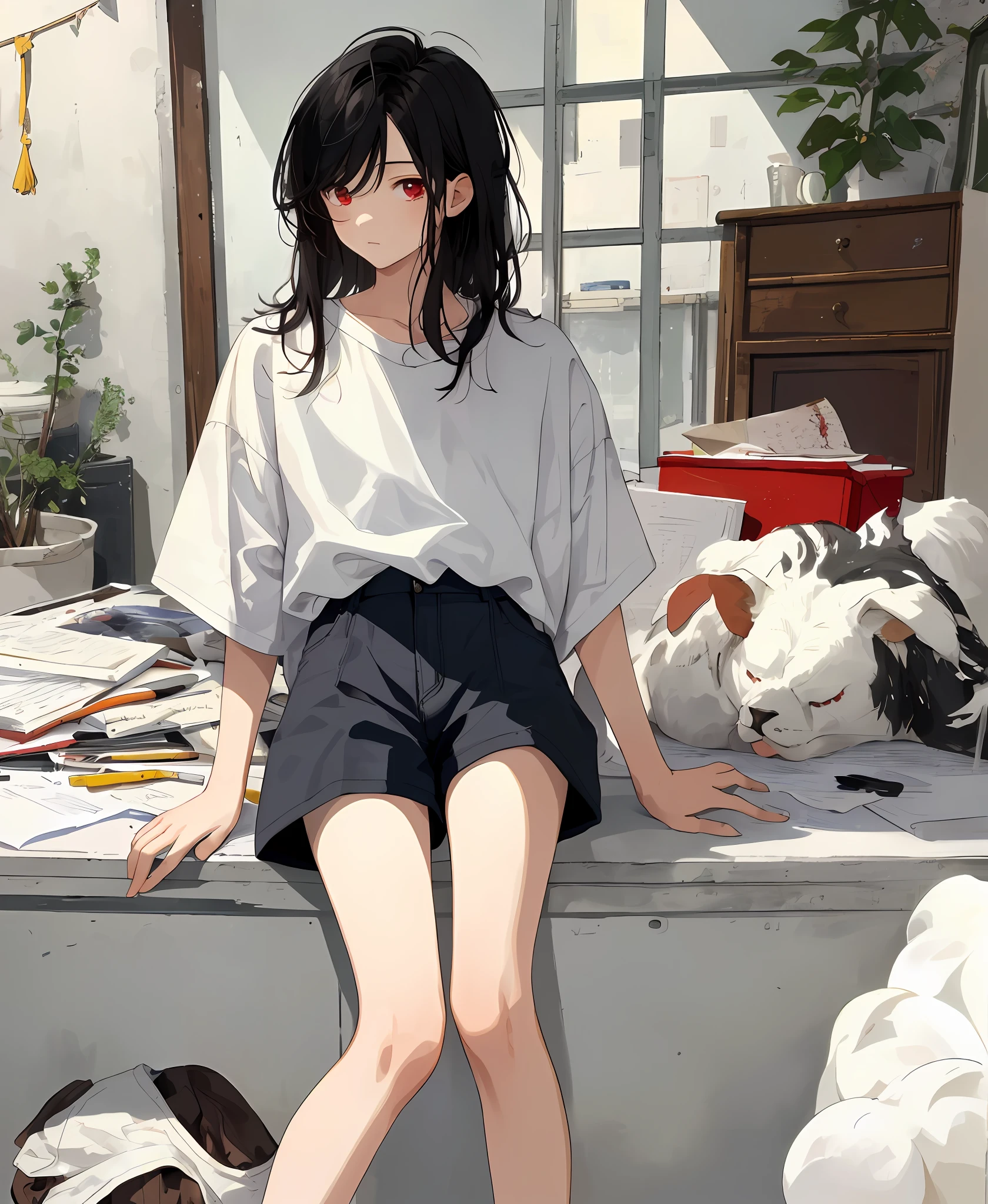 (Masterpiece, best quality, high quality), 1 boy, juvenile sense, high school student, ((unmoved)), sitting, short black hair, (messy hair), red eyes, white shirt, shorts, exposed snow-white legs, (flowing hair)