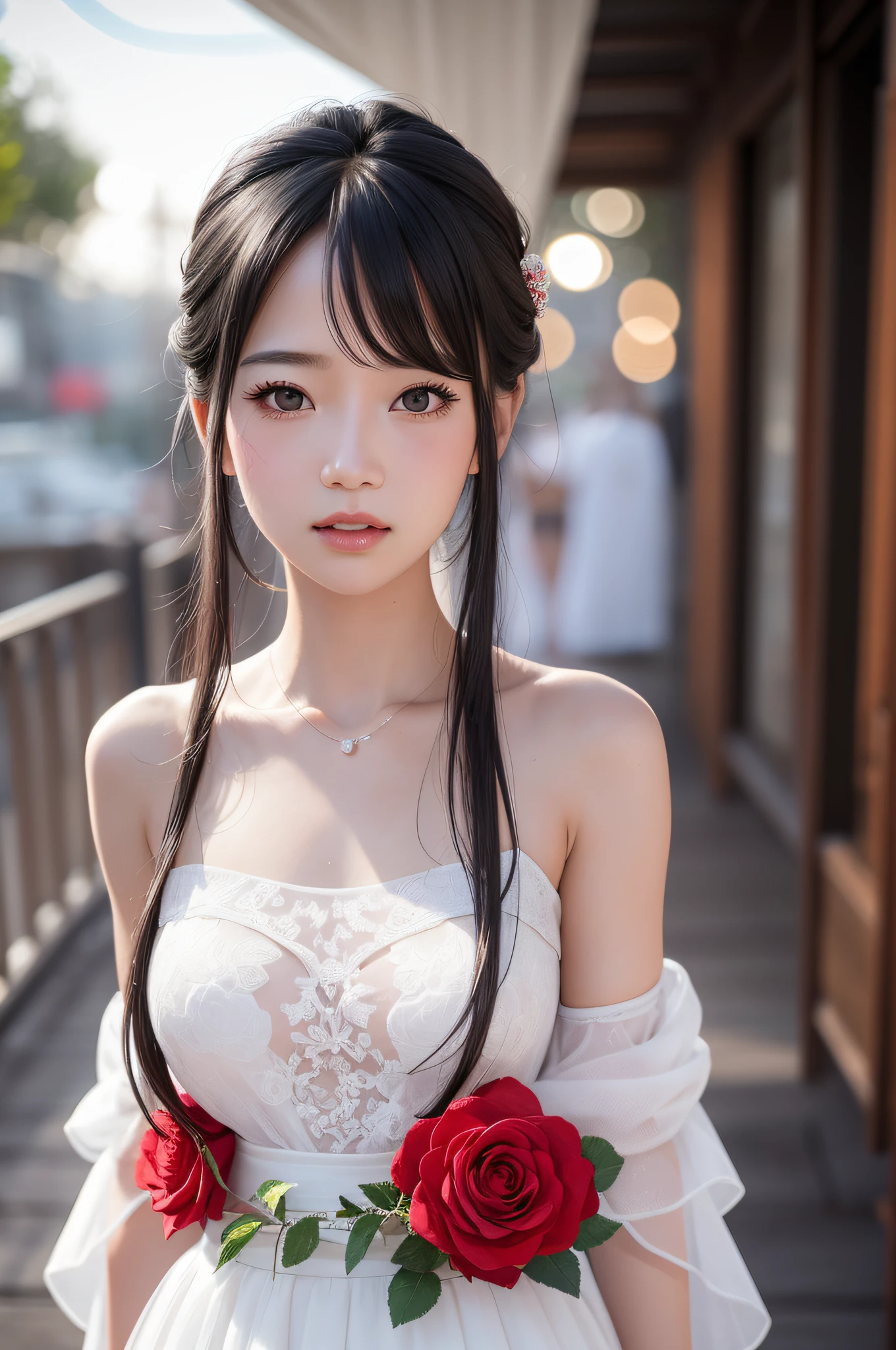 rose red wedding dress,white mini skirt,(sweat:0.7),woman in beach,japanese,cute face, beautiful face,bare shoulders,shoulders all exposed,translucent skin,black eyes,black hair,(photorealistic:1.4),realistic details, high resolution,bokeh,outstanding details