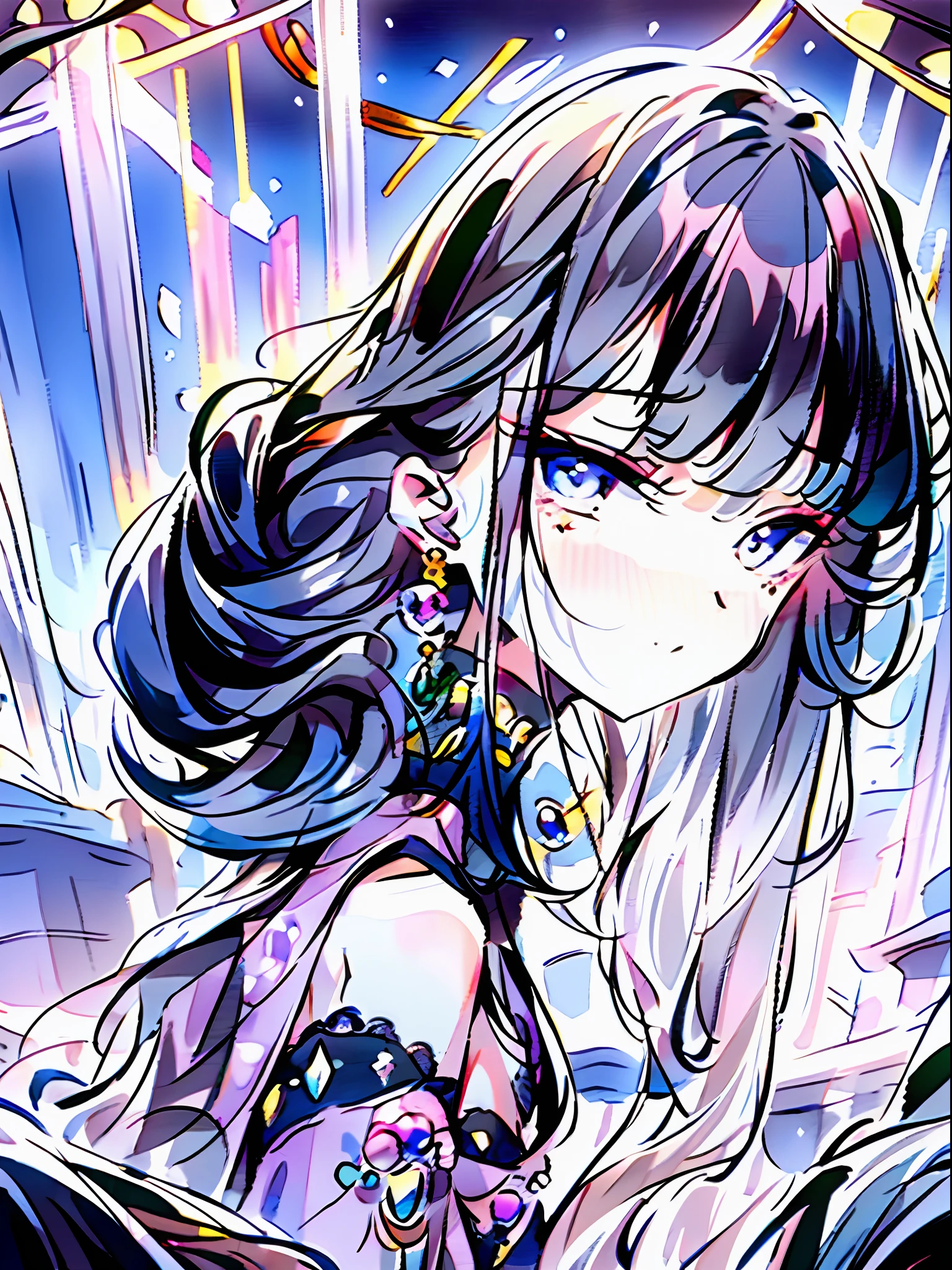 masterpiece, best quality, ultra-detailed, illustration, resurrection, forbidden magic, death, soul, love, tragedy, dark, eerie, supernatural, pale, glowing eyes, long black hair, intricate braids, gothic dress, lace details, black roses, moonlit night, mist, graveyard, tombstones, summoning circle, ethereal, spectral, otherworldly, haunting, sorrowful, bittersweet