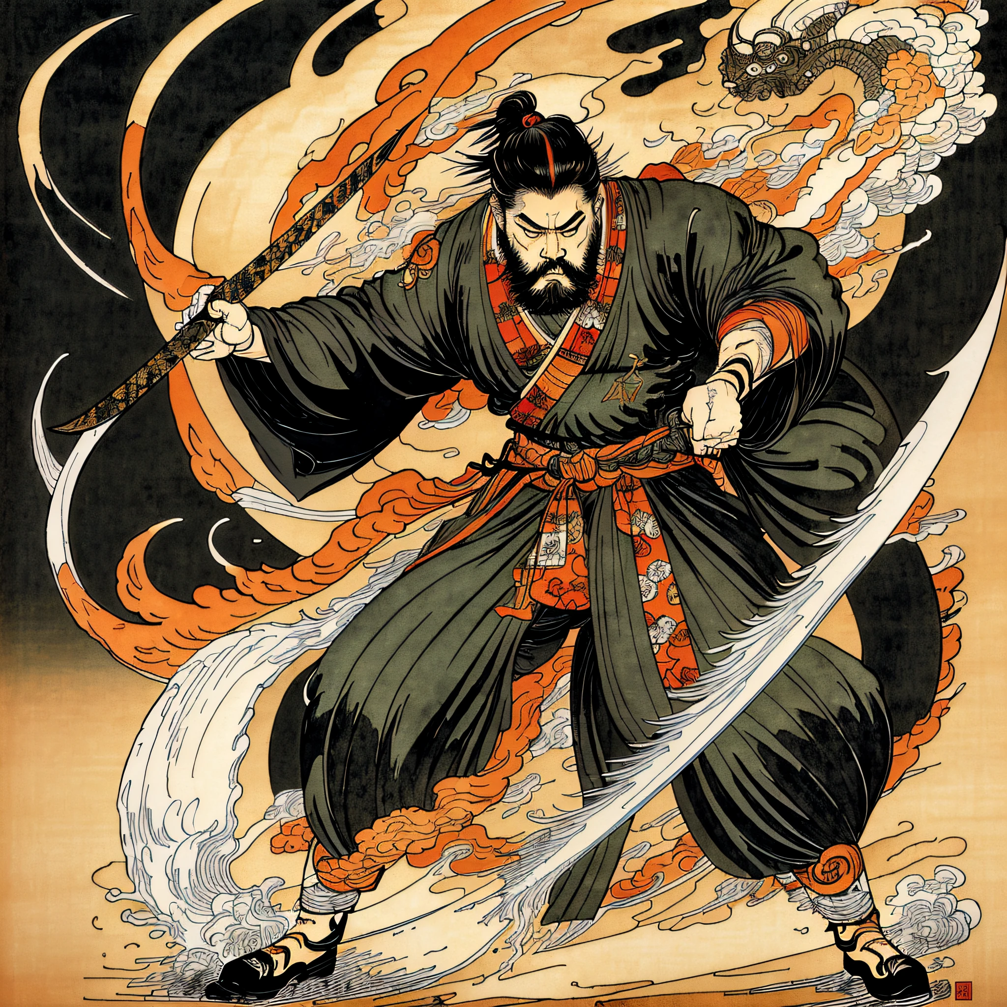 It is a full-body painting with natural colors in the style of ukiyo-e. A Japan samurai with a large body like a strongman. He has a rough face, short black hair, and a short, trimmed beard. He wears a black kimono. The hakama should be a little longer and draw in a flowing shape that flutters in the wind. He holds a sword in his right hand with flames coming out of his Japan sword. The background is a swirling flame in Katsushika Hokusai style. Masterpiece high-resolution ukiyo-e style, with the highest quality --auto --s2